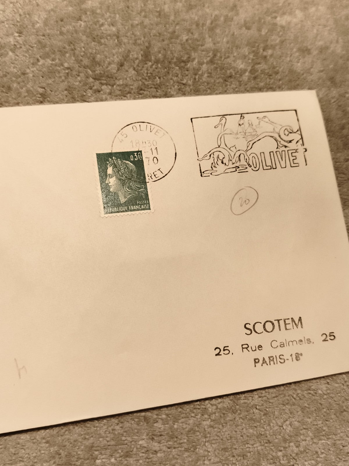 Lettre oblitérée 1970 Marianne timbre 0,30F Olivet cachet illustré SCOTEM