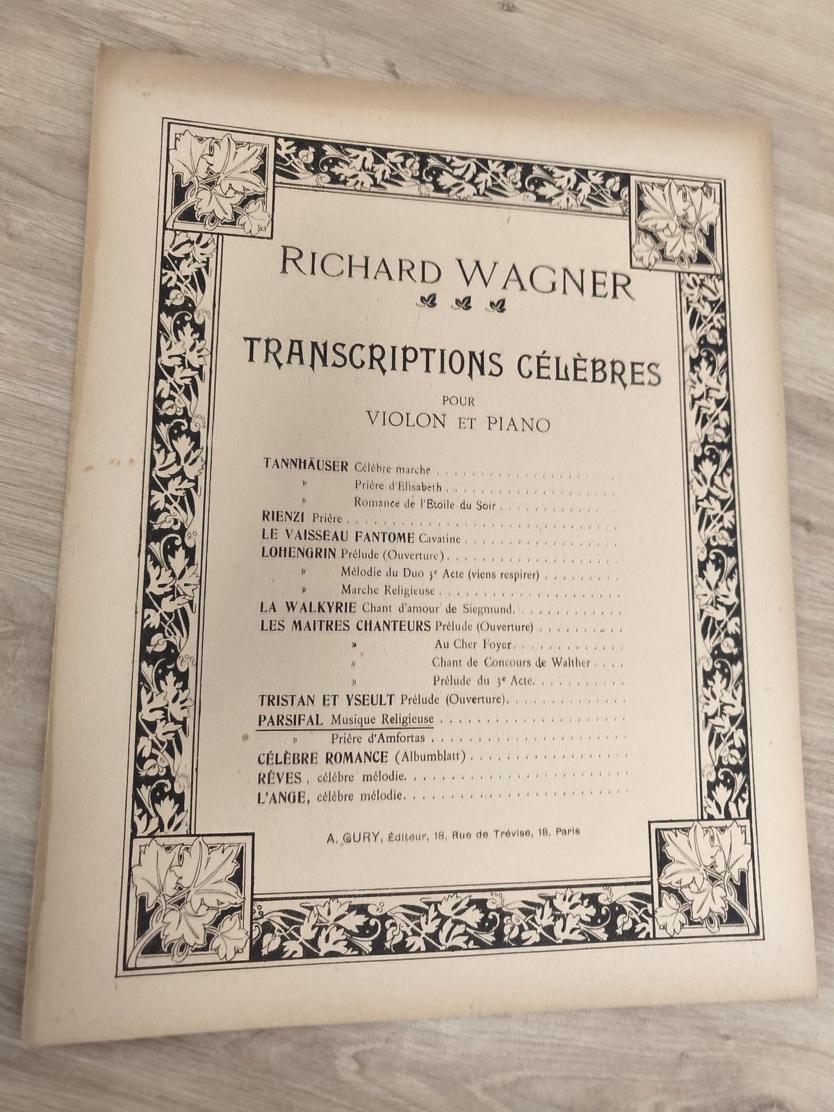 Ancien livre partitions violon piano Wagner Transcriptions célèbres A. Gury Pari