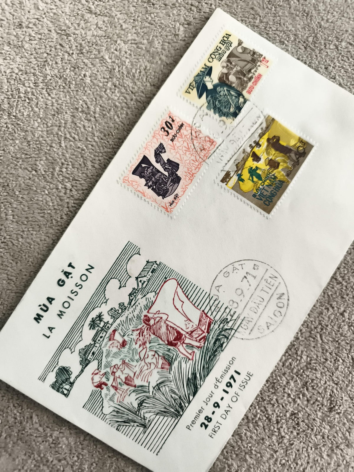 Lettre 1er jour Vietnam 1971 Mùa Gặt La Moisson timbres oblitérés Saigon