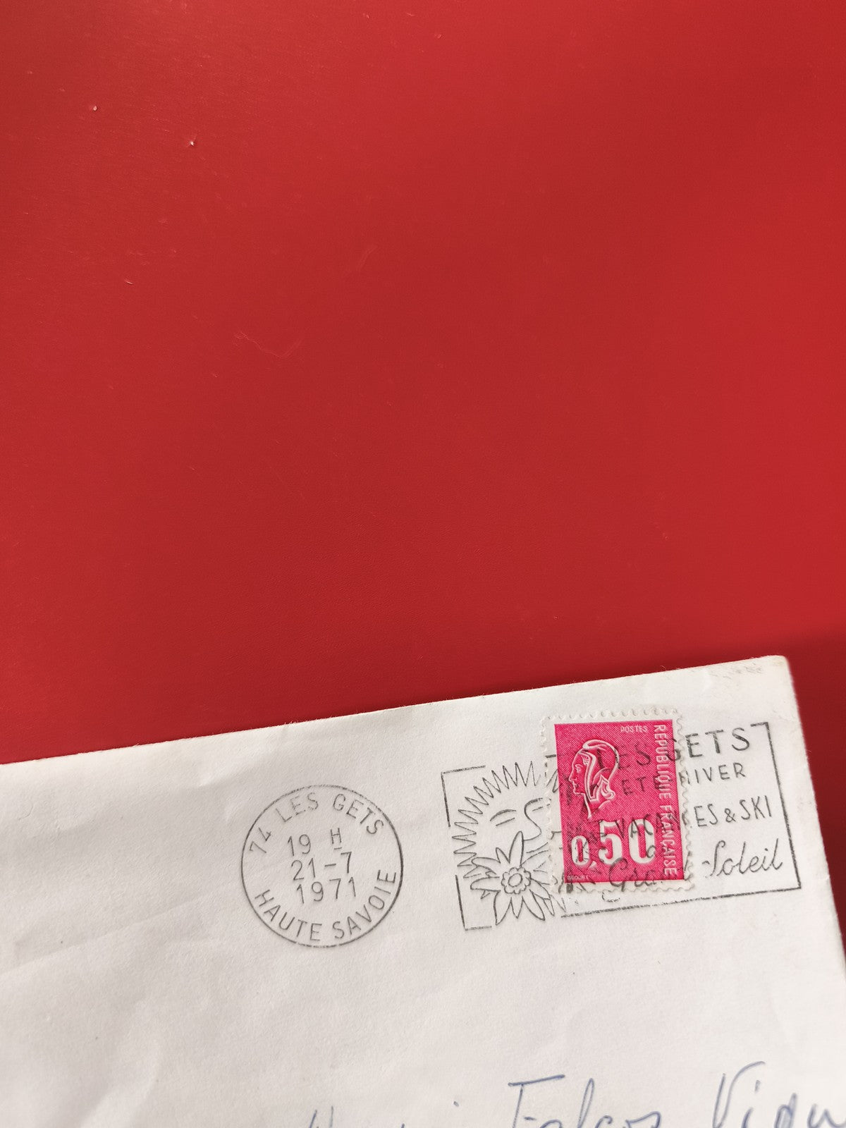 Enveloppe timbrée Les Gets Haute-Savoie oblitérée, tampon 1971, timbre rouge