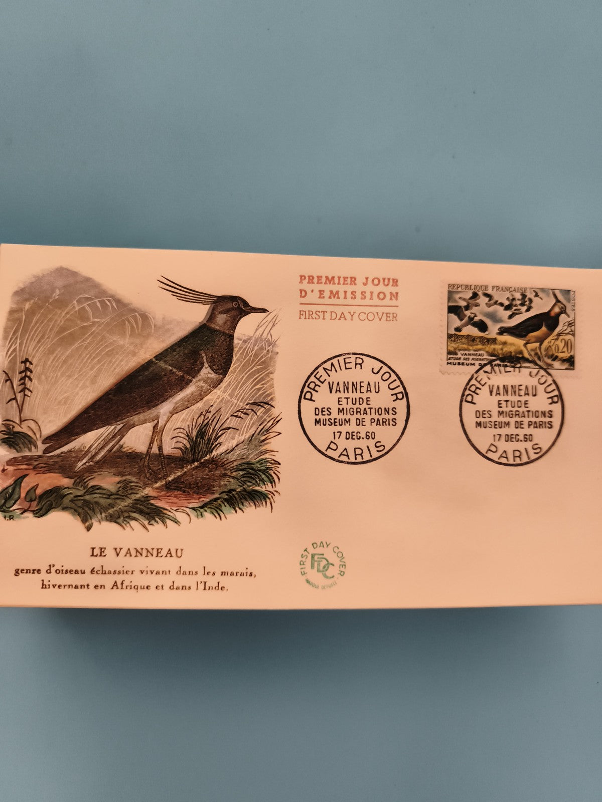 Enveloppe premier jour 1960 Le Vanneau oiseau FDC Paris timbre philatélie