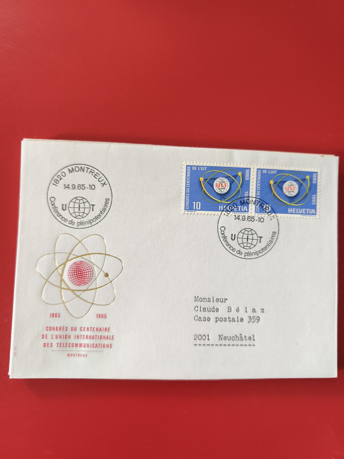 Enveloppe philatélie UIT Montreux 1965 timbres Helvetia cachets commémoratifs
