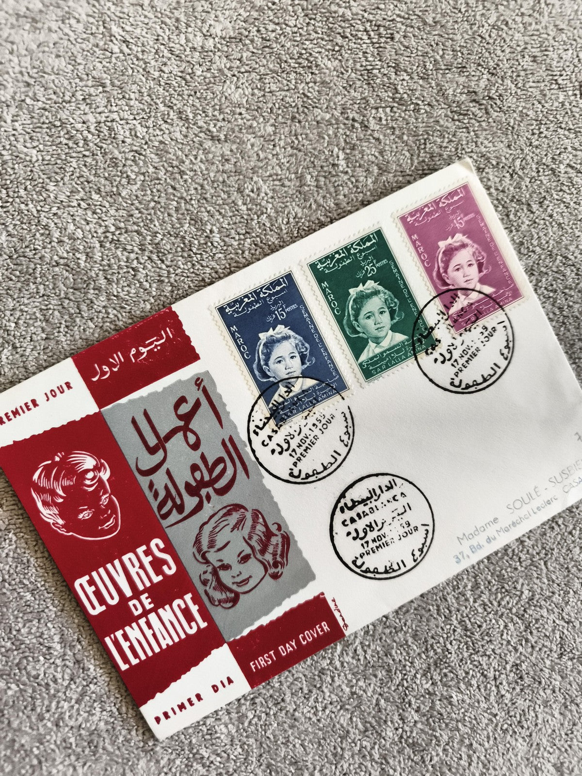 Lettre FDC Maroc timbres œuvres de l’enfance 1957 cachet Casablanca philatélie