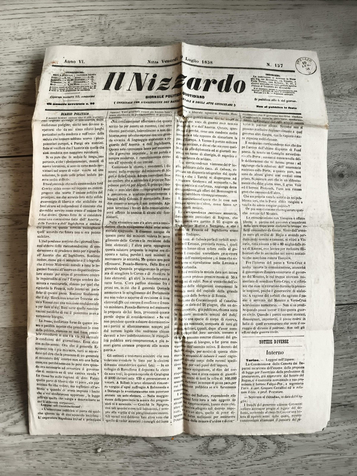 Journal ancien Il Nizzardo 1858 Nizza journal politique historique