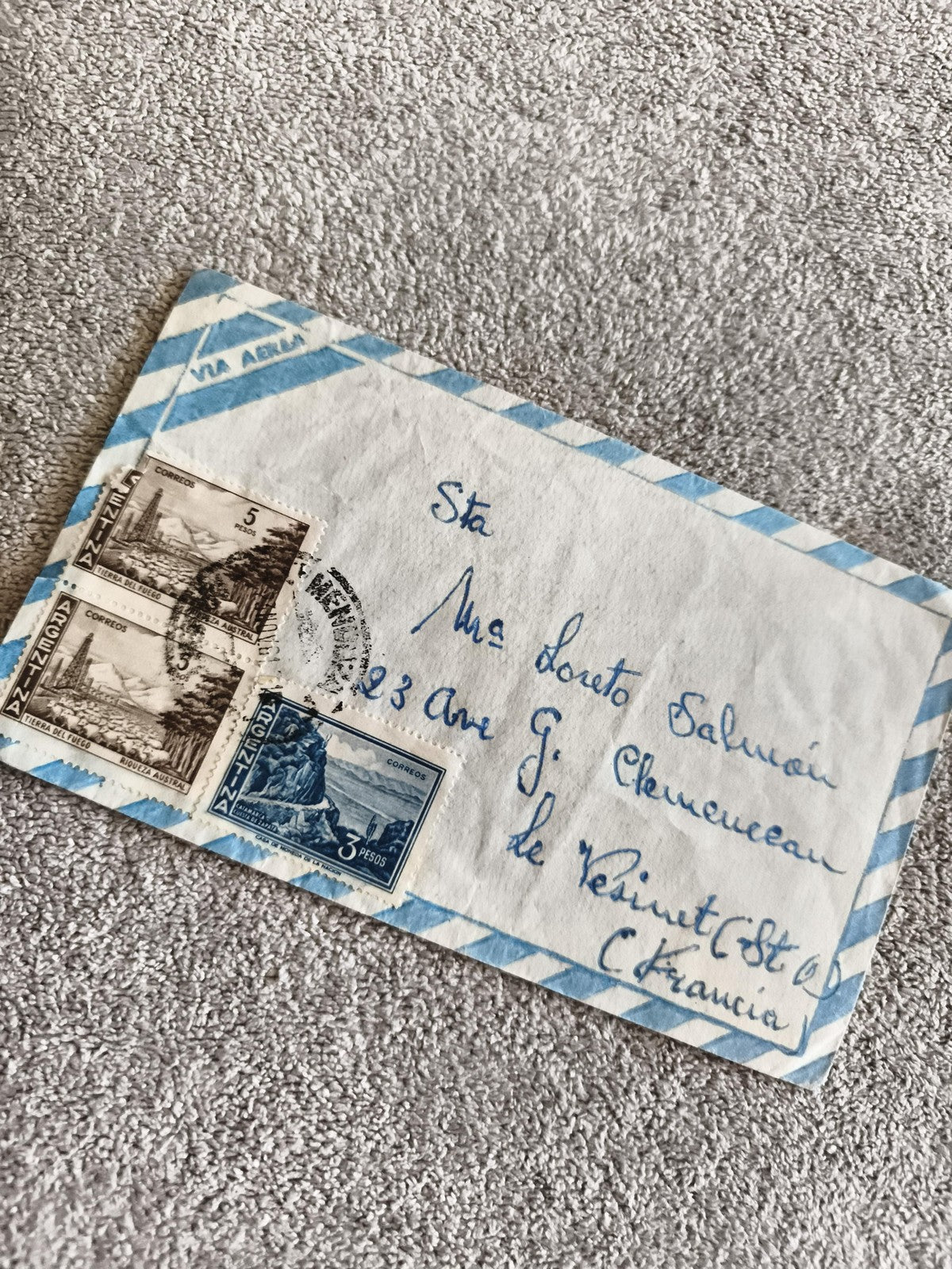 Lettre affranchie Argentine timbres airmail oblitérés philatélie bleu