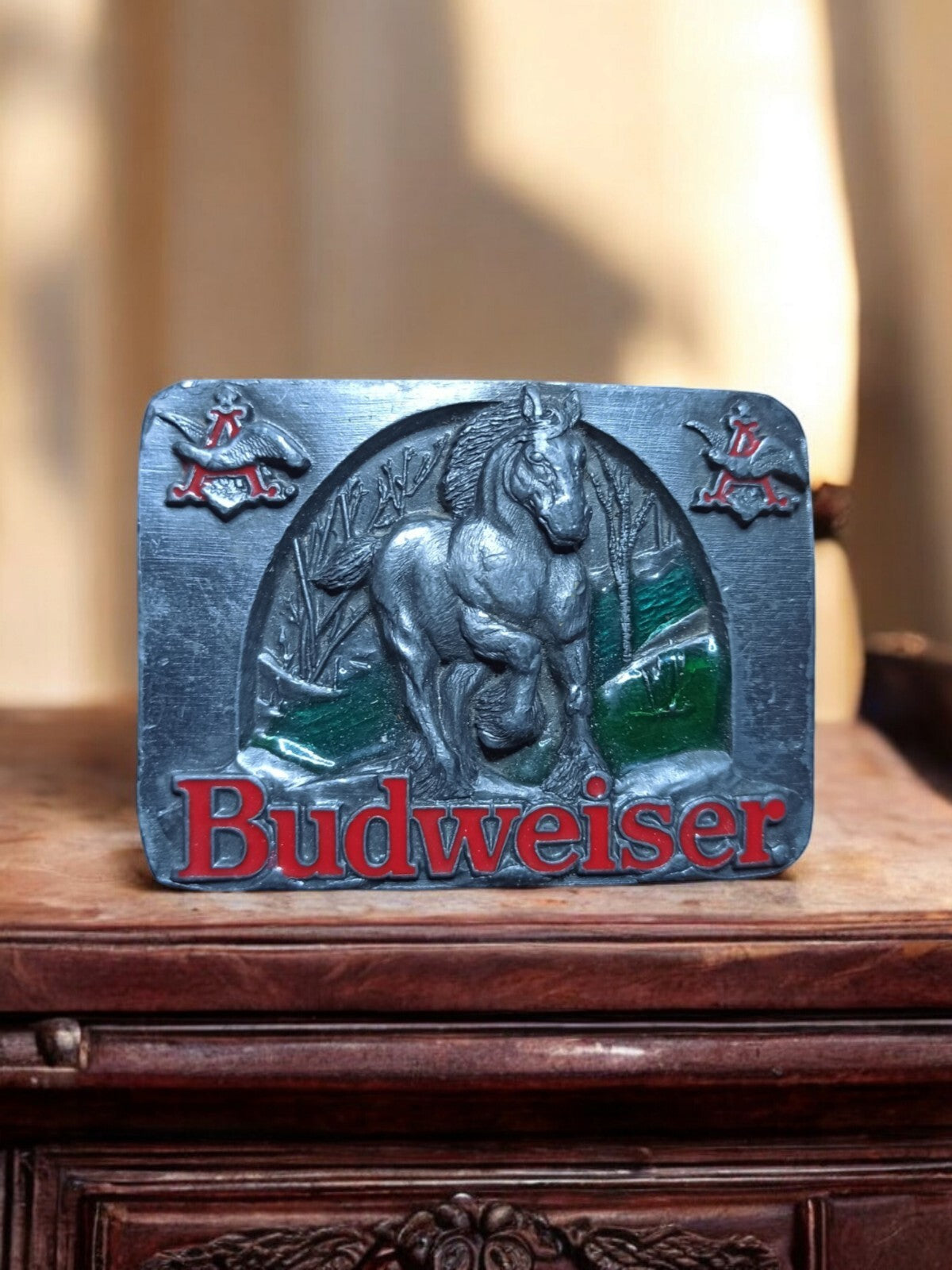 Boucle ceinture Budweiser vintage cheval relief logo USA années 90