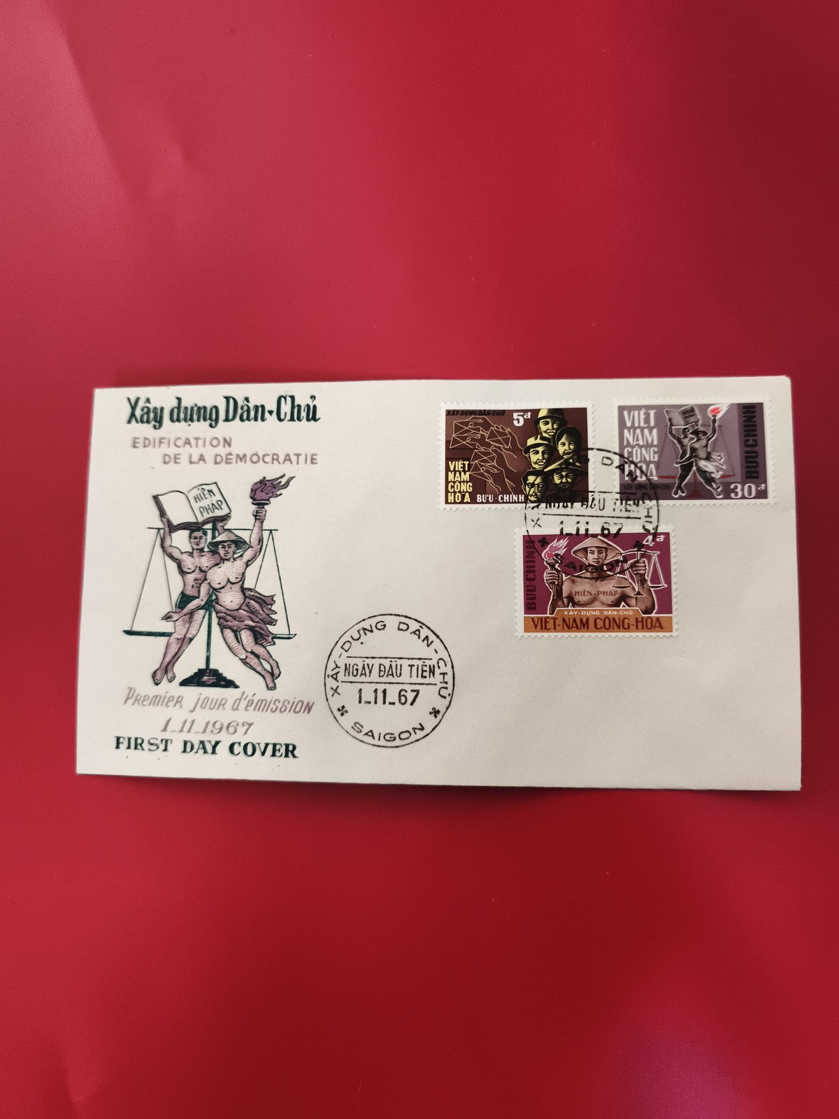 Enveloppe FDC Vietnam 1967 Xây dựng Dân-Chủ Premier Jour timbres Saigon