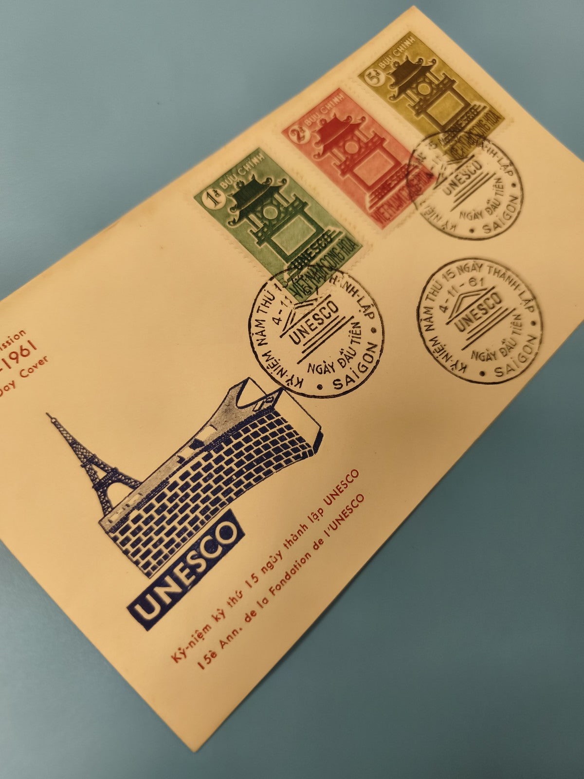 Ancienne enveloppe FDC Vietnam UNESCO 1961, timbres colorés, Saigon