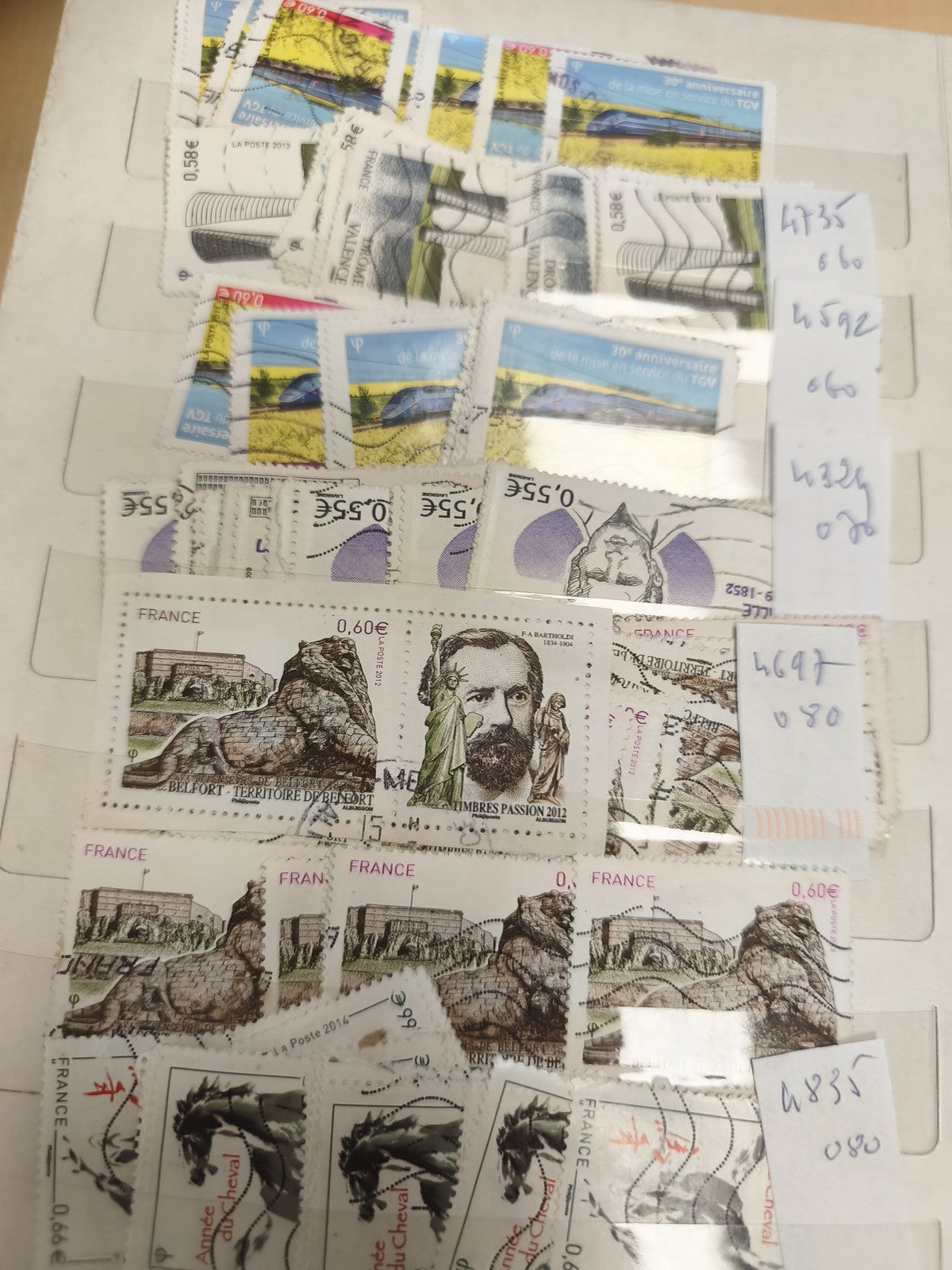 Lot timbres France oblitérés Belfort TGV Cheval 0,58 0,60 euro philatélie