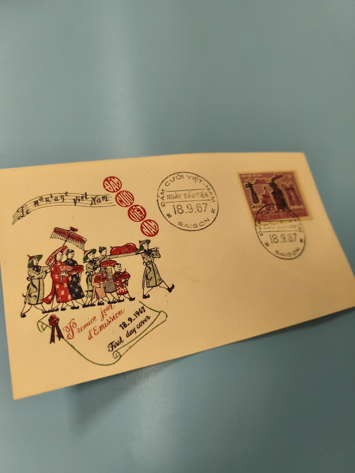 Ancienne enveloppe FDC Vietnam 1967, timbre mariage, illustrée, premier jour