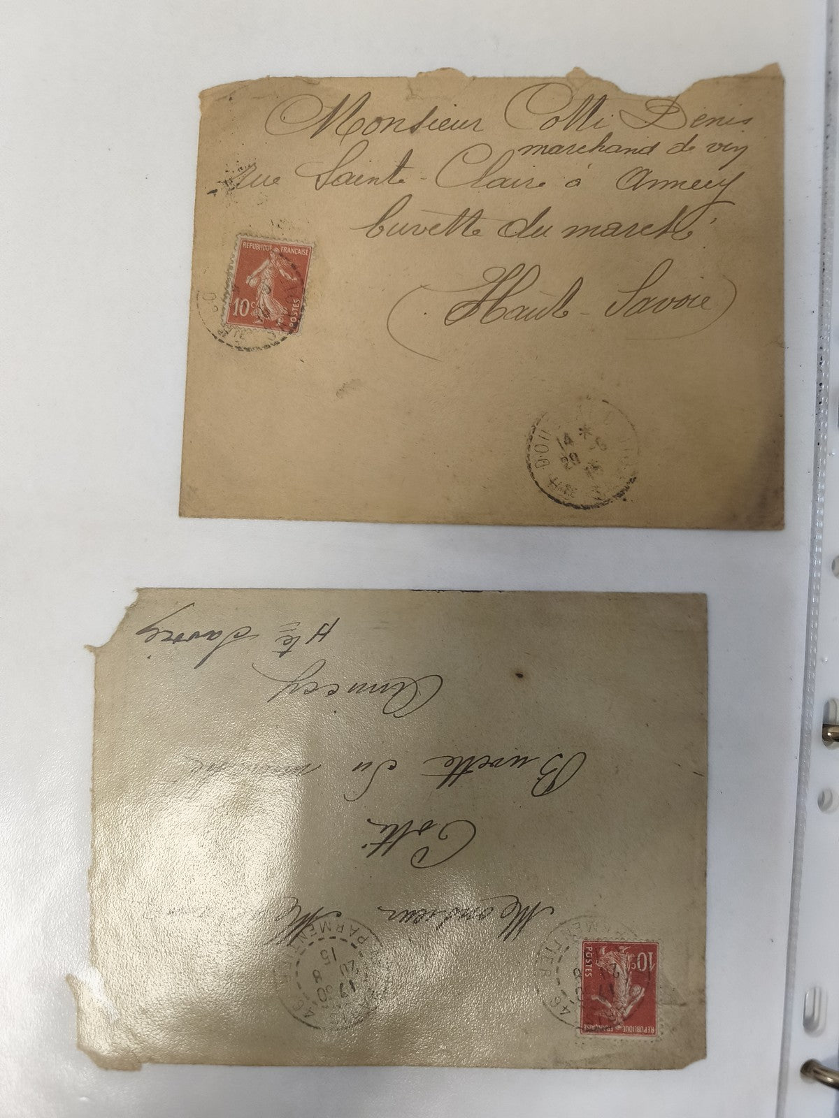 Lot anciennes enveloppes philatélie timbres 10c rouge, écriture manuscrite