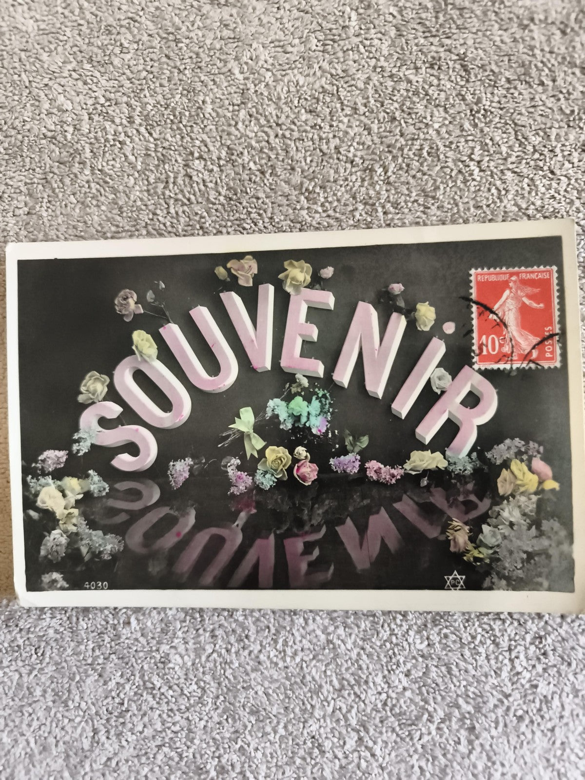 Carte postale CPA "SOUVENIR" fleurs couleurs timbre Semeuse France