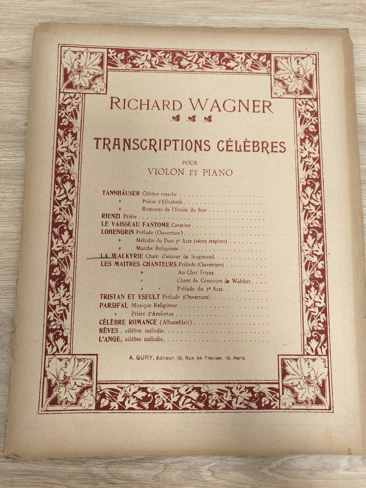 Ancien livre partitions violon piano Wagner Transcriptions célèbres Gury Paris