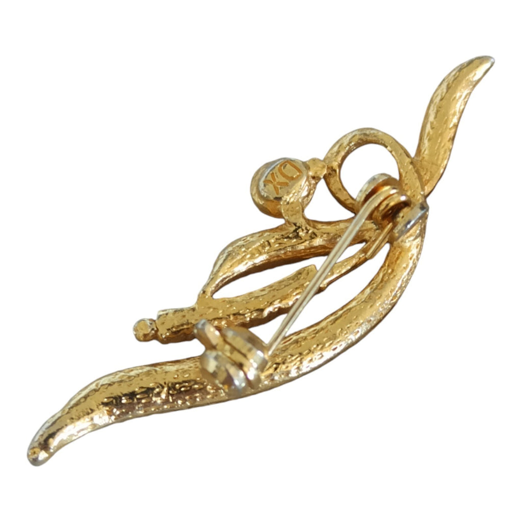 Broche vintage dorée strass, bijou rétro feuille stylisée métal doré