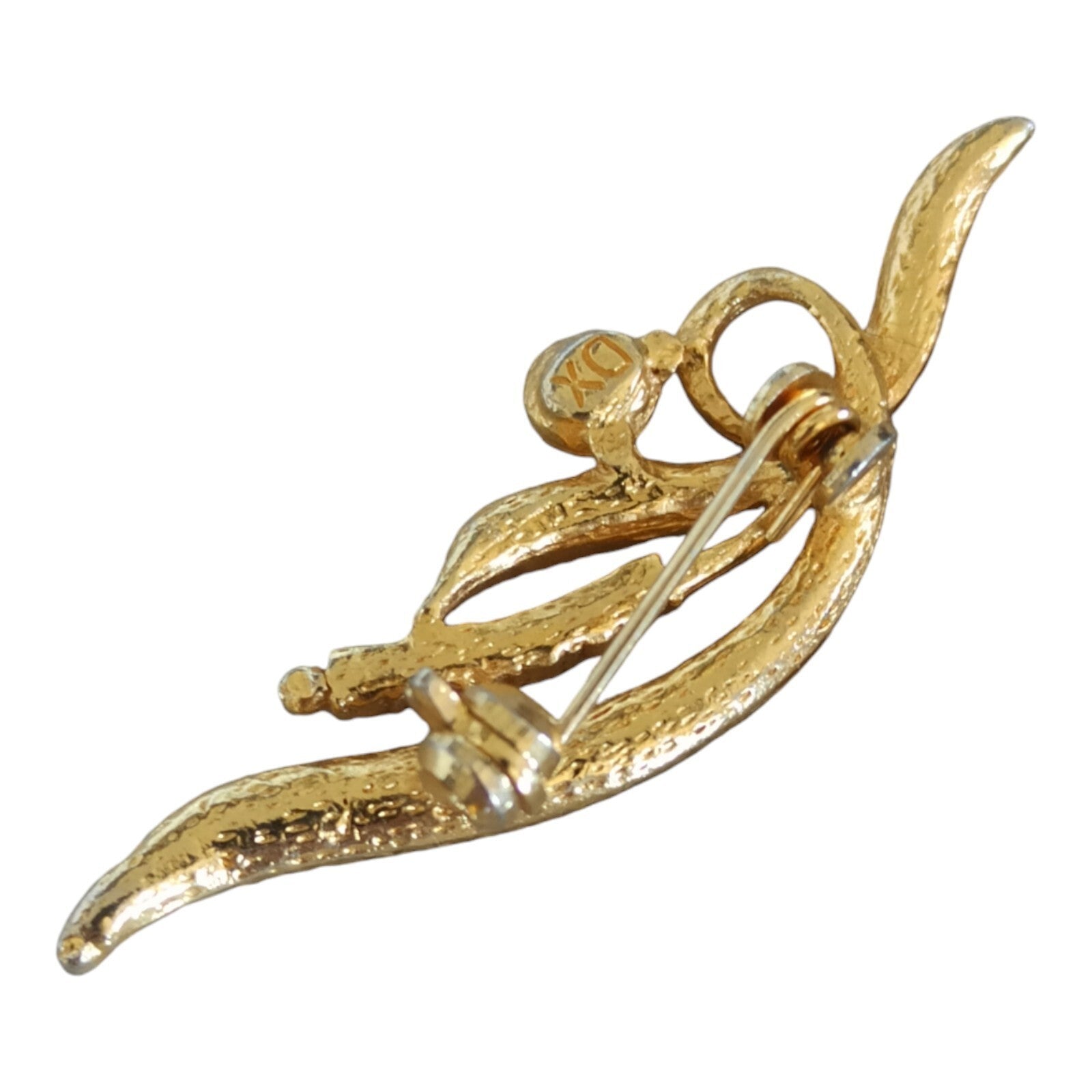 Broche vintage dorée strass, bijou rétro feuille stylisée métal doré