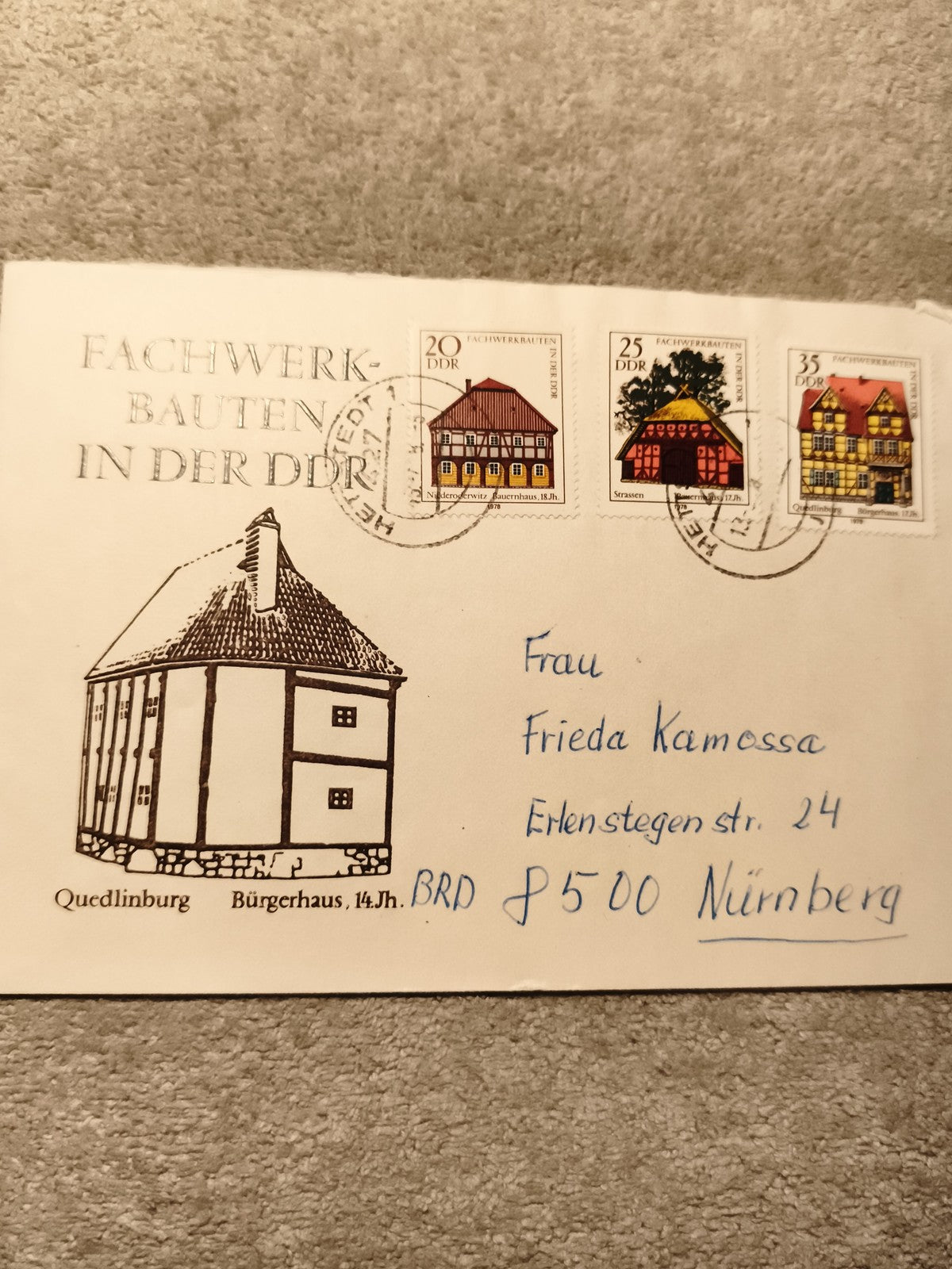 Lettre affranchie DDR Fachwerkbauten 3 timbres architecturaux oblitérés (Ref 9)