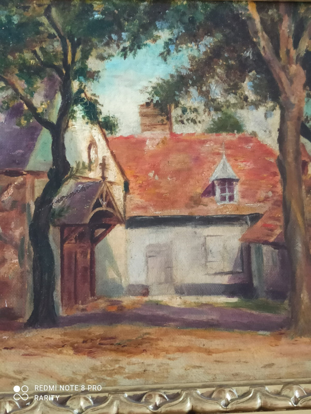 Peinture ancienne Laure Masset 1922 maison campagne cadre doré paysage