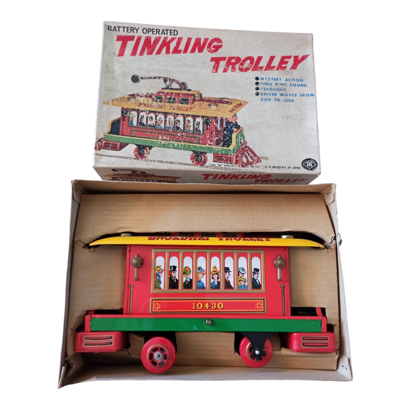 Jouet ancien Tinkling Trolley Masudaya Japan tram vintage 1940s boîte illustrée