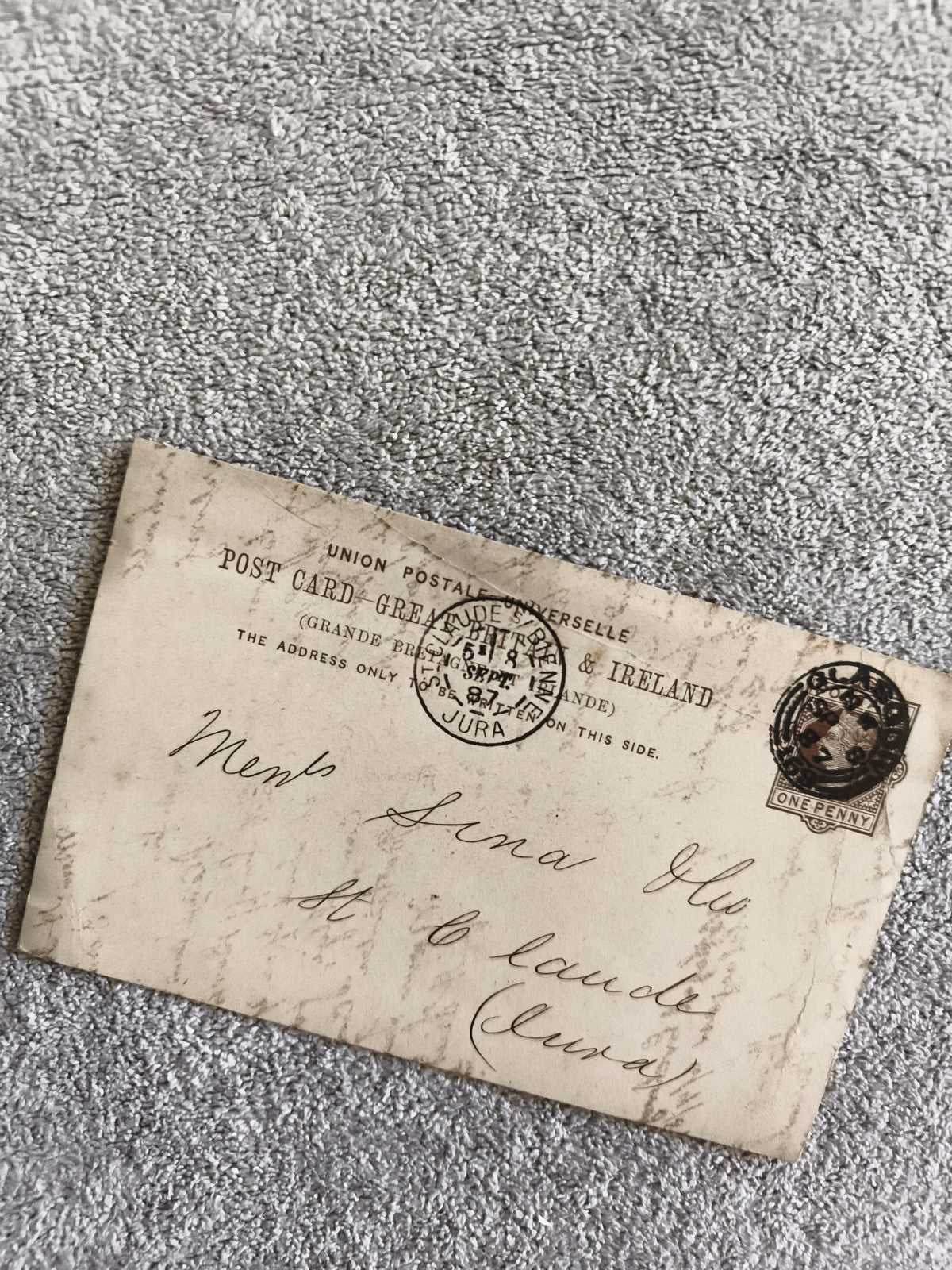 Carte postale CPA timbre One Penny oblitérée Royaume-Uni adresse Jura