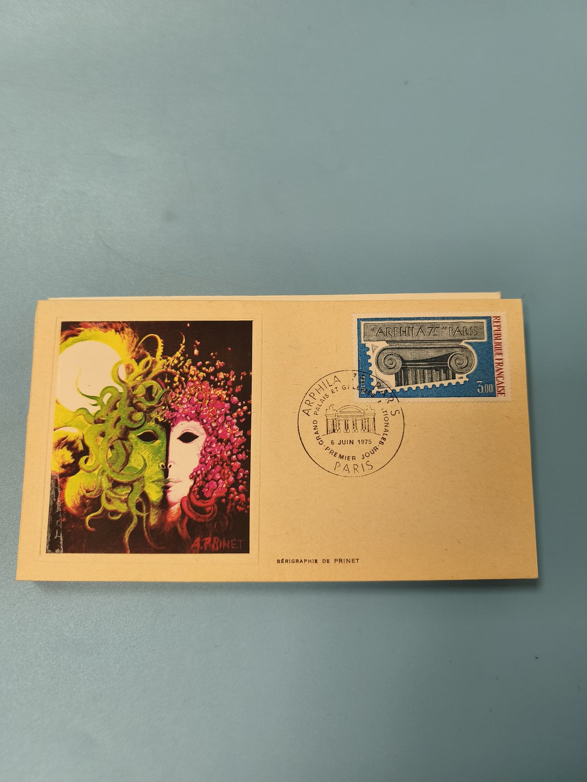 Ancienne enveloppe philatélie 1975, illustration masque, timbre Paris, Prinet