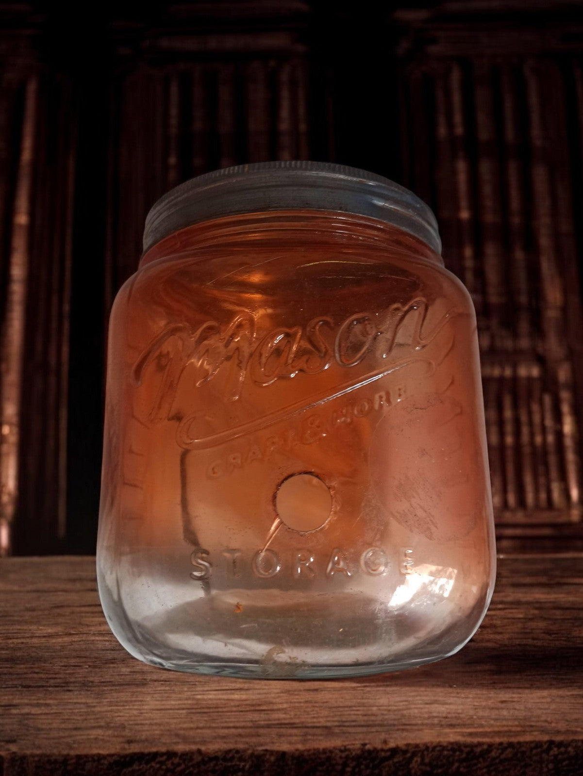 Bocal Mason ancien en verre vintage, grand pot publicitaire rétro déco