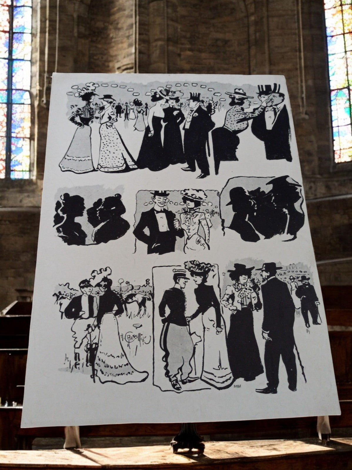 Planche illustrée ancienne XIXe, scènes vie bourgeoise, style Art Nouveau