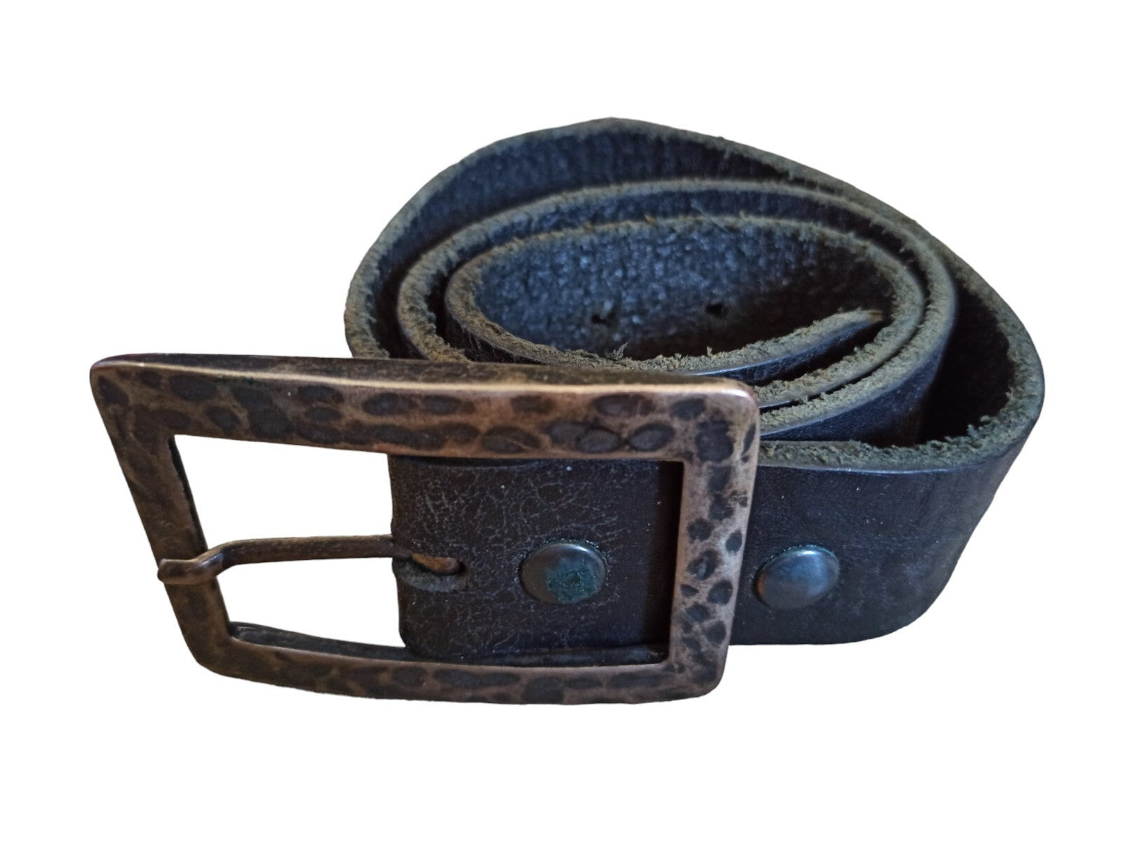 Ceinture vintage femme boucle métal aspect vieilli, cuir noir rétro