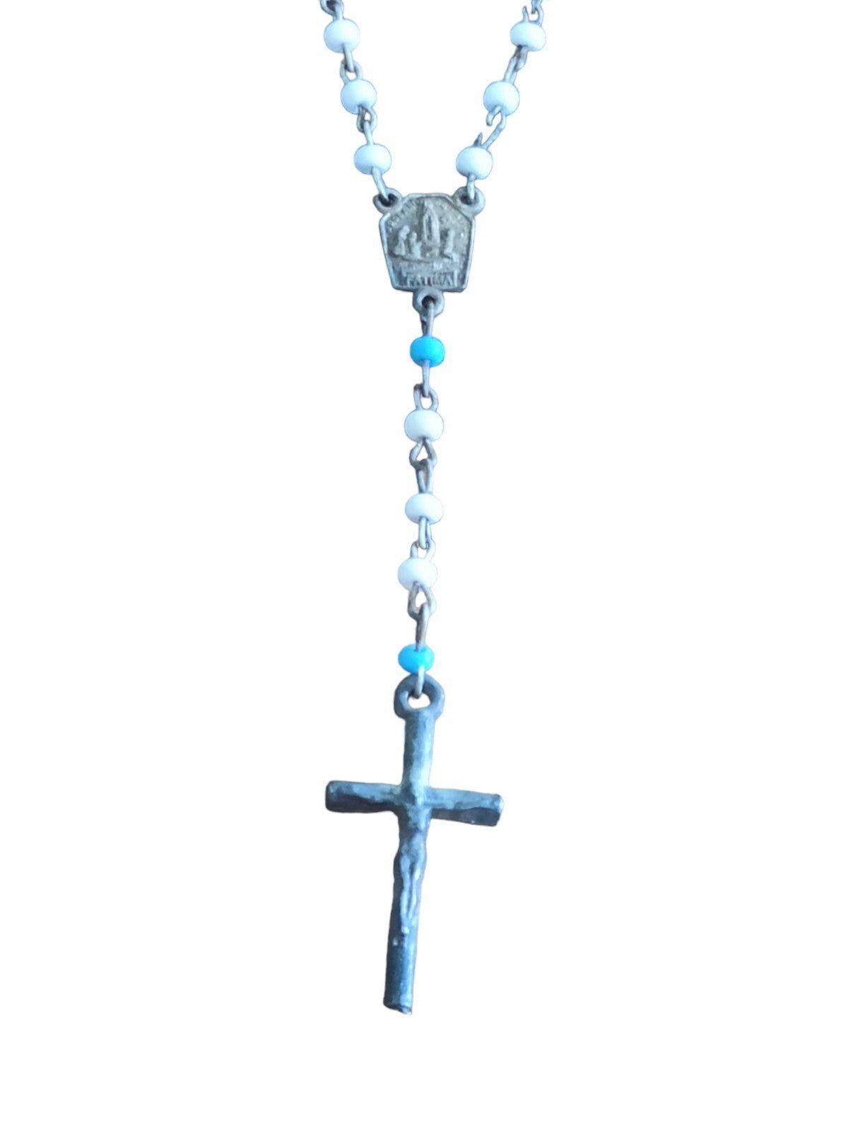 Chapelet ancien enfant Fatima perles blanches bleues croix, religieux vintage