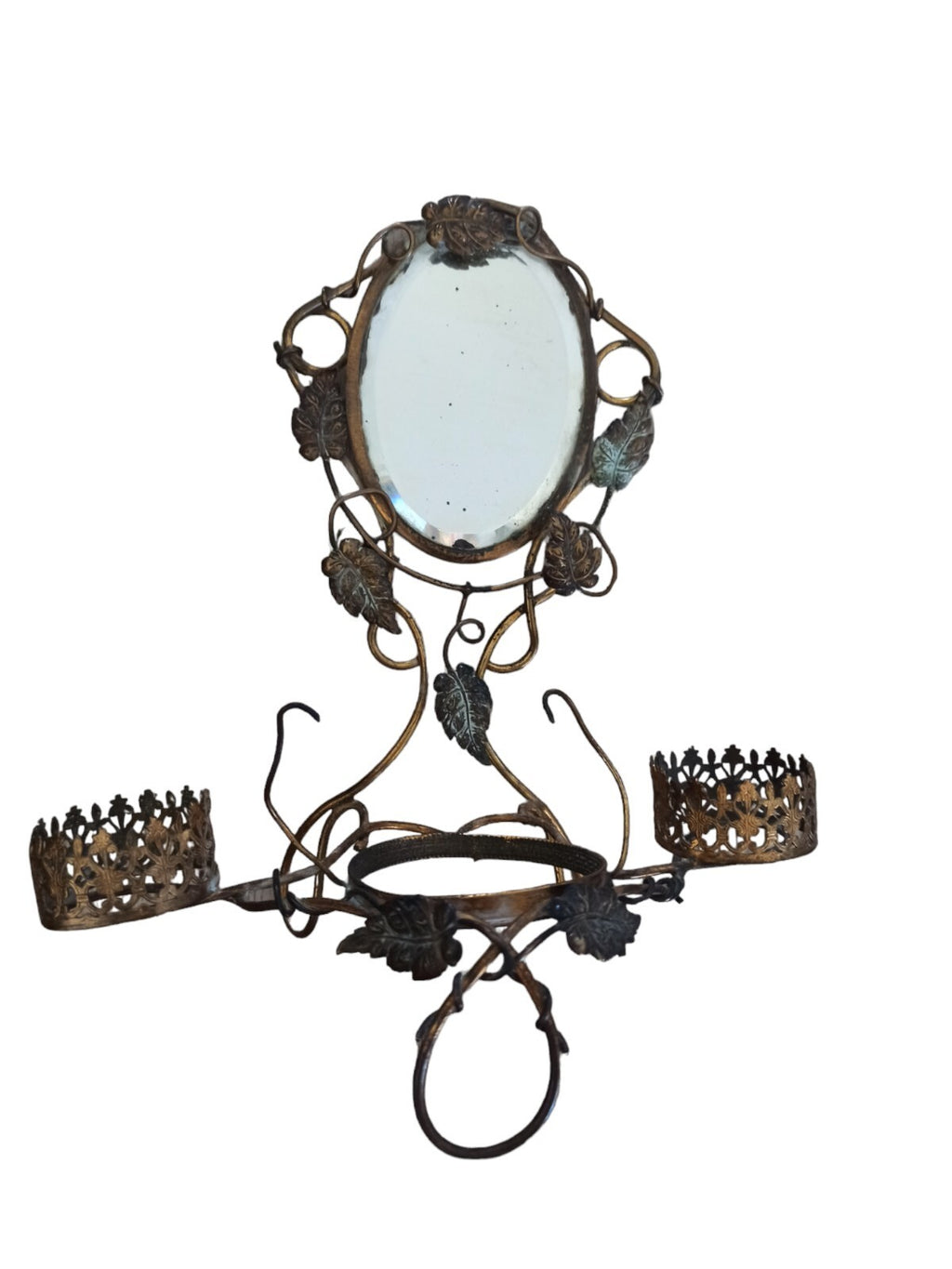 Miroir mural ovale en laiton doré style XIXe, porte-bougies et support mural