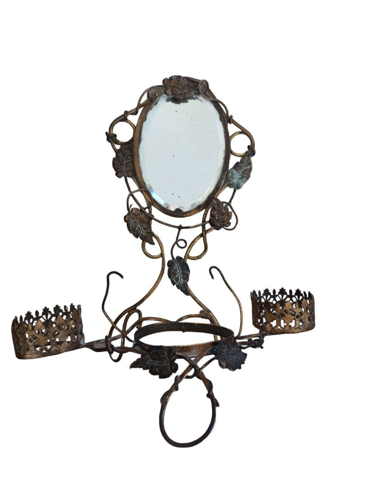 Miroir mural ovale en laiton doré style XIXe, porte-bougies et support mural