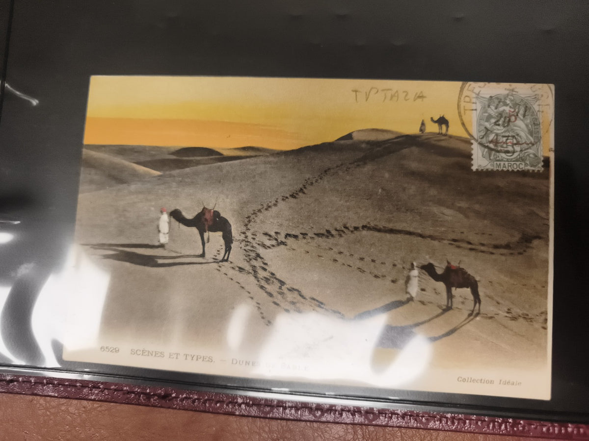 Carte postale Maroc scènes et types dunes sable timbre 20c philatélie