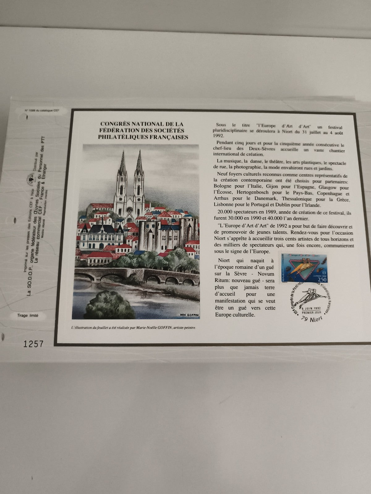 Feuillet CEF Congrès Philatélique Niort 1992 illustration Marie-Noëlle Goffin