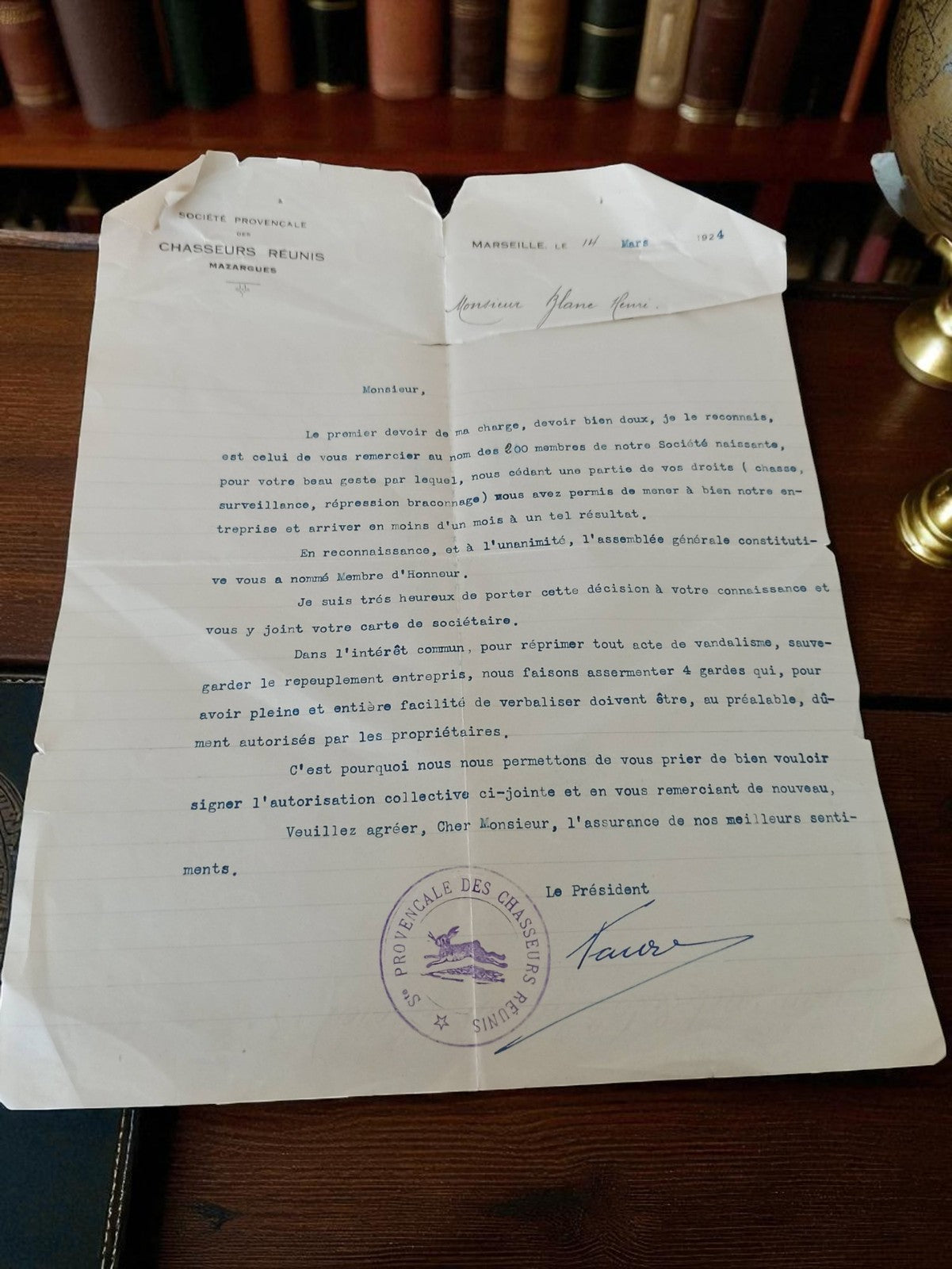 Lettre ancienne Société Provençale des Chasseurs Réunis Marseille 1924 vintage