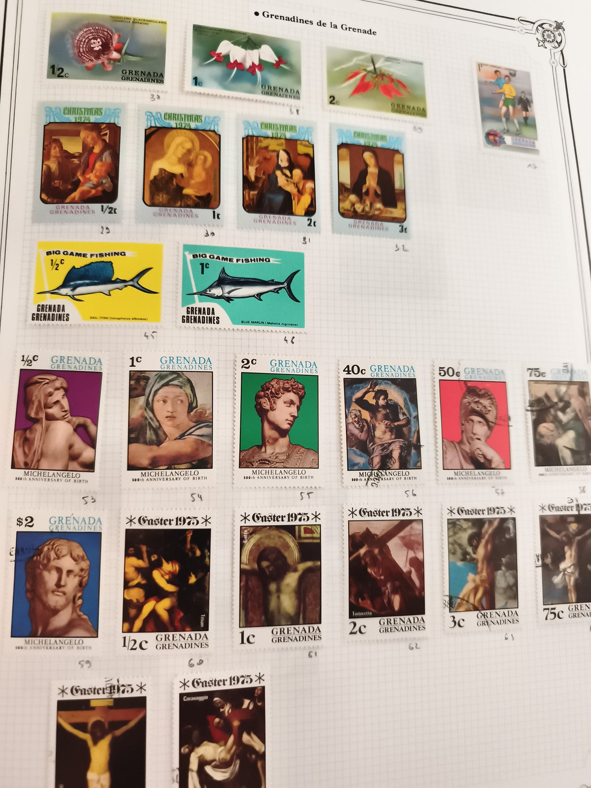 Timbres anciens Grenadines de la Grenade Grenada Michelangelo Caravage Noël 1975