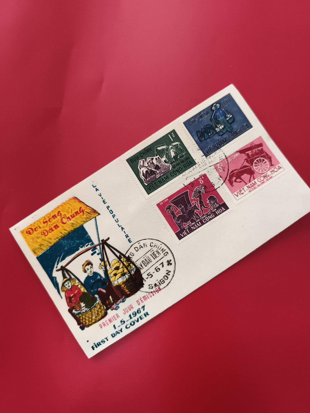 Enveloppe FDC Vietnam 1967 timbres Bưu Chính illustrée marché populaire