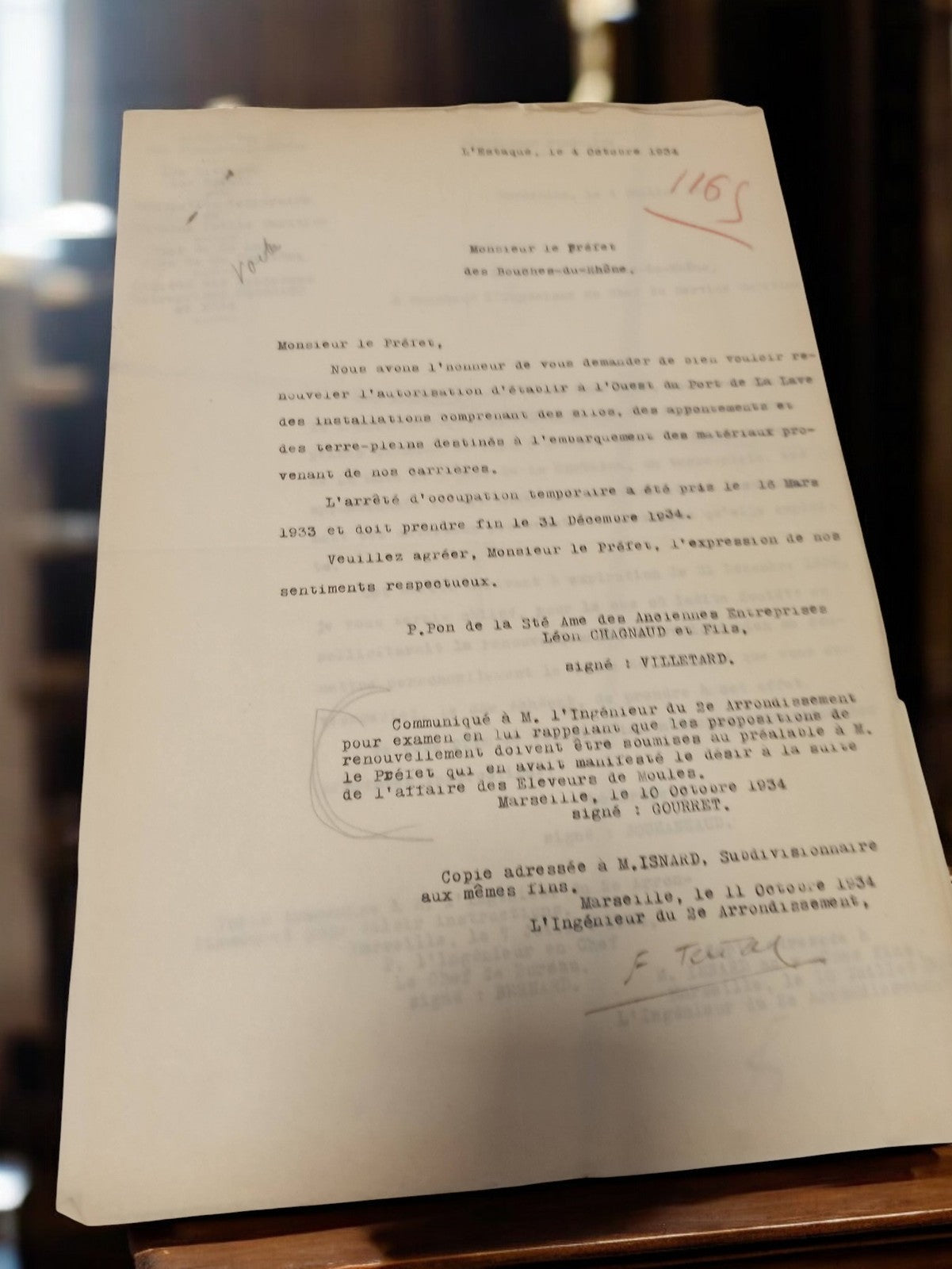 Document administratif ancien Marseille 1934 travaux publics hydraulique Estaque