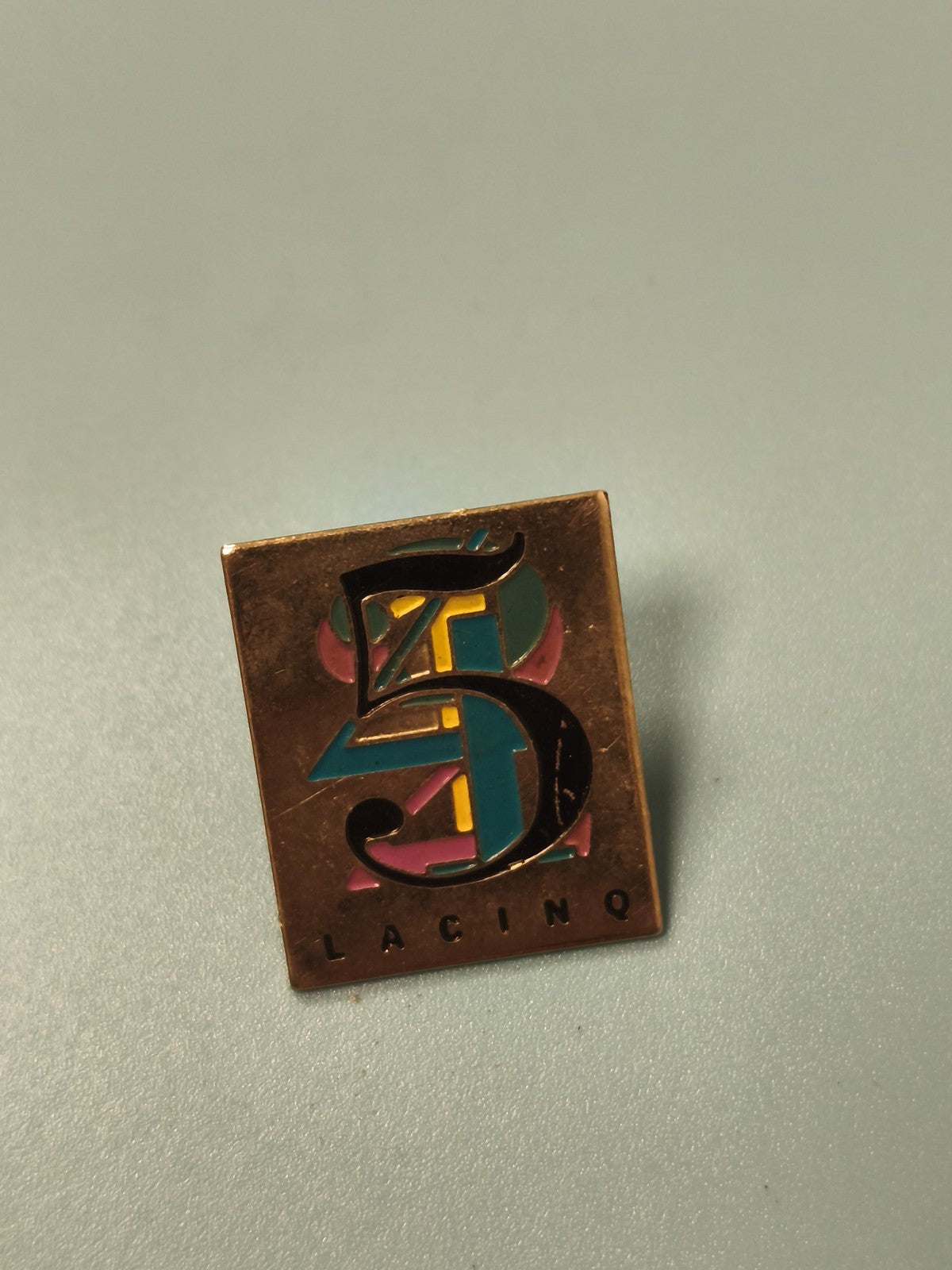 Vintage square LACINQ pin, multicoloured, retro graphic design, collector's item