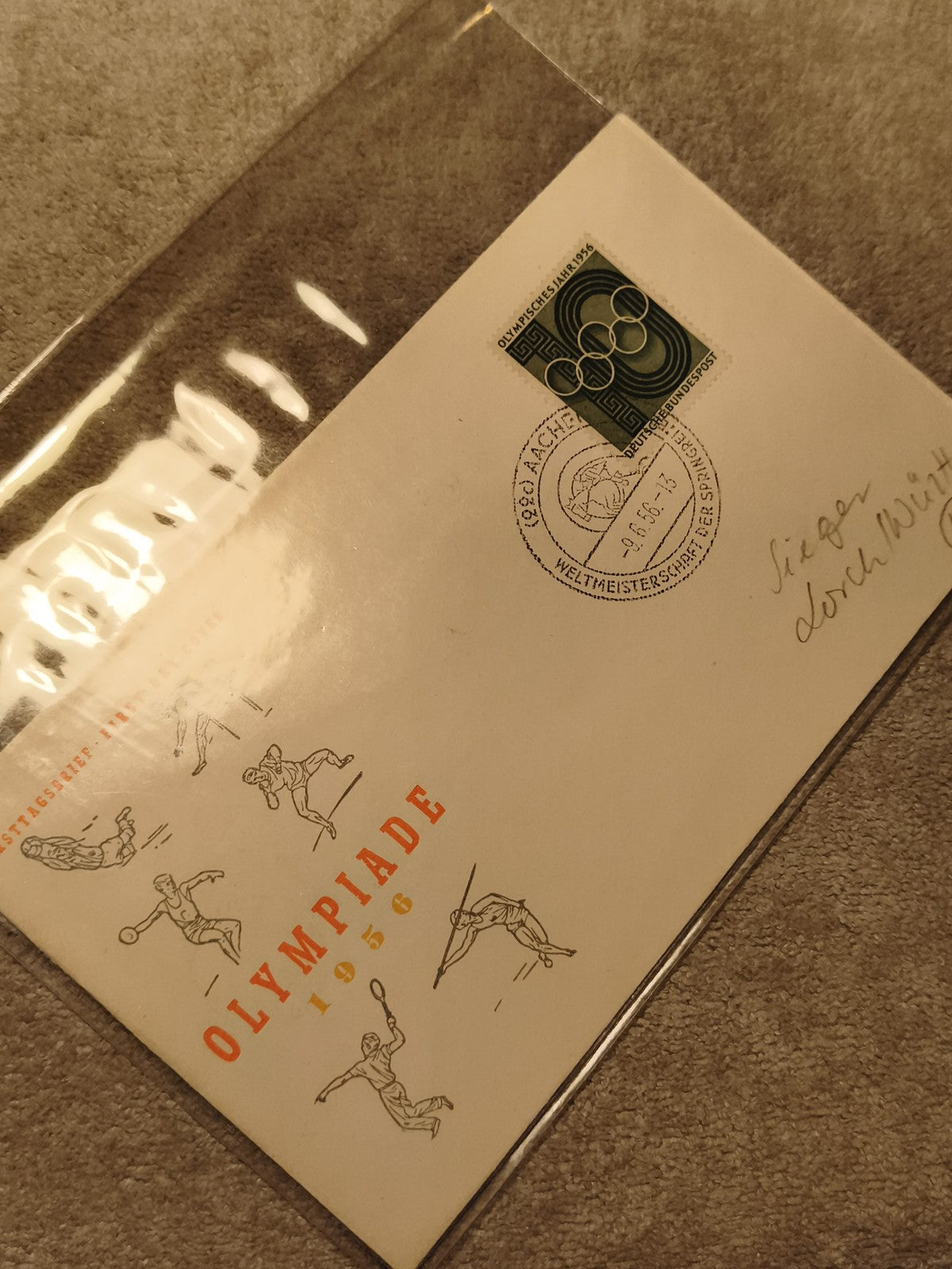 Lettre philatélique Olympiade 1956 timbre Allemagne sport cachet Aachen (Ref 27)
