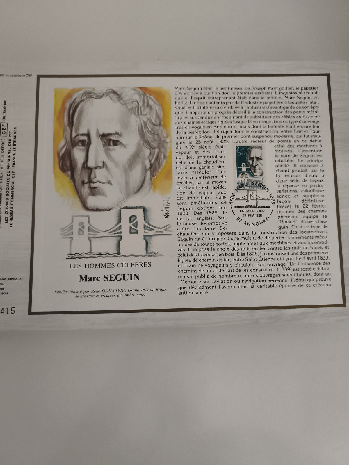 Feuillet philatélique CEF Marc Seguin illustré Quillivic premier jour timbre Fra