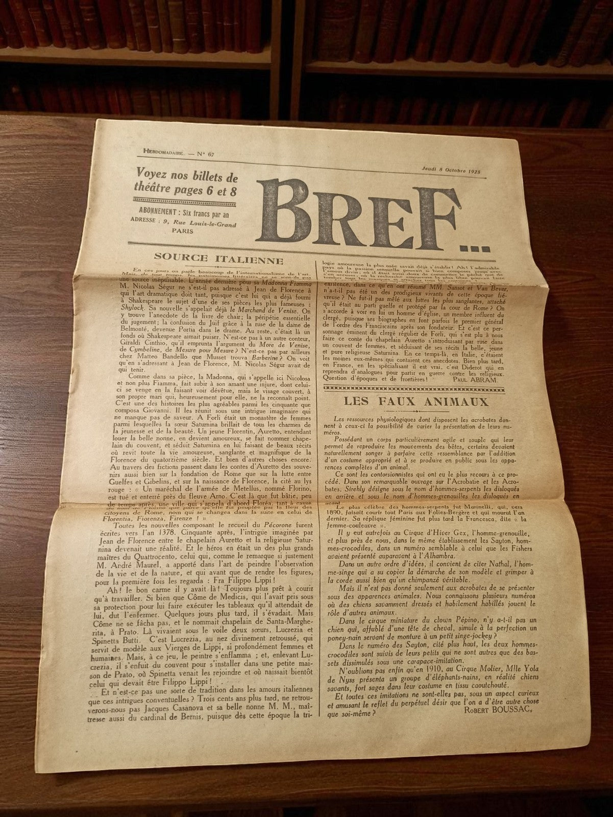 Journal ancien BREF 1925 hebdomadaire rétro presse papier vintage histoire