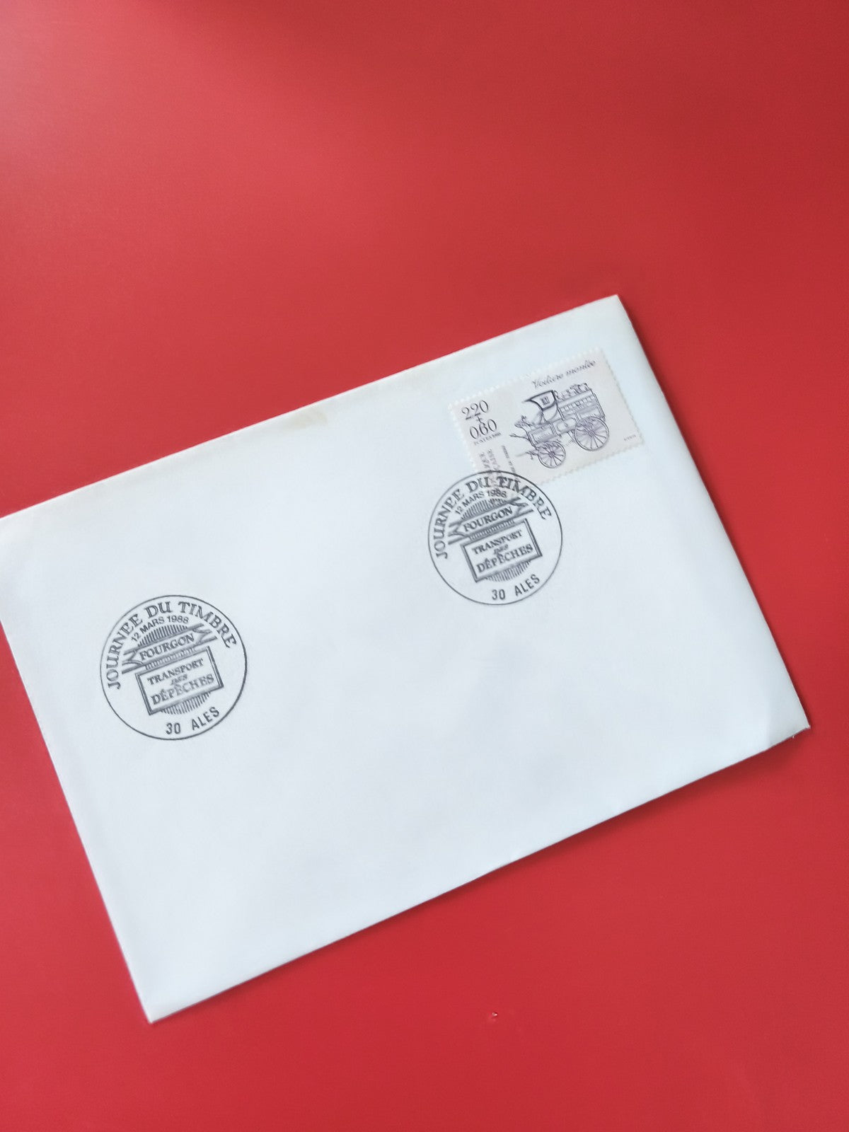 Enveloppe philatélie oblitérée, timbre véhicule postal, cachet Journée du Timbre
