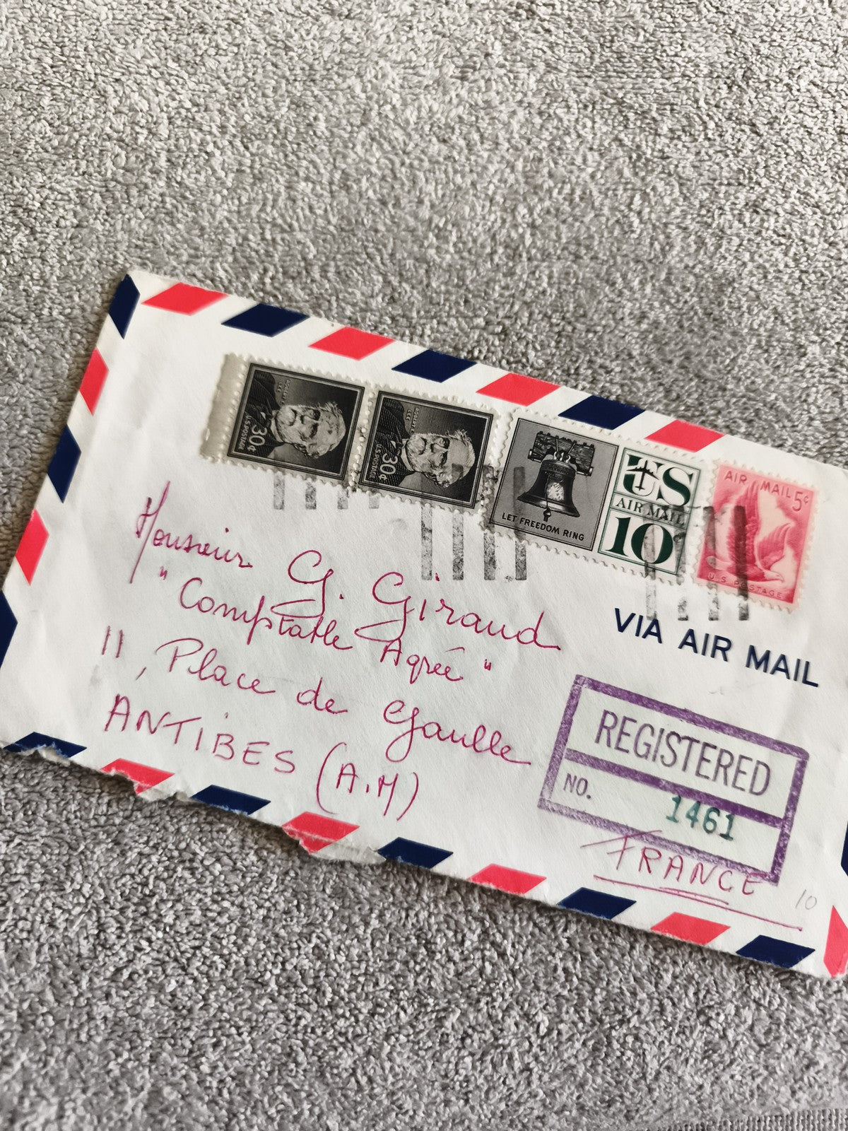 Lettre aérienne USA vers France, timbres Roosevelt, Liberty Bell, recommandé
