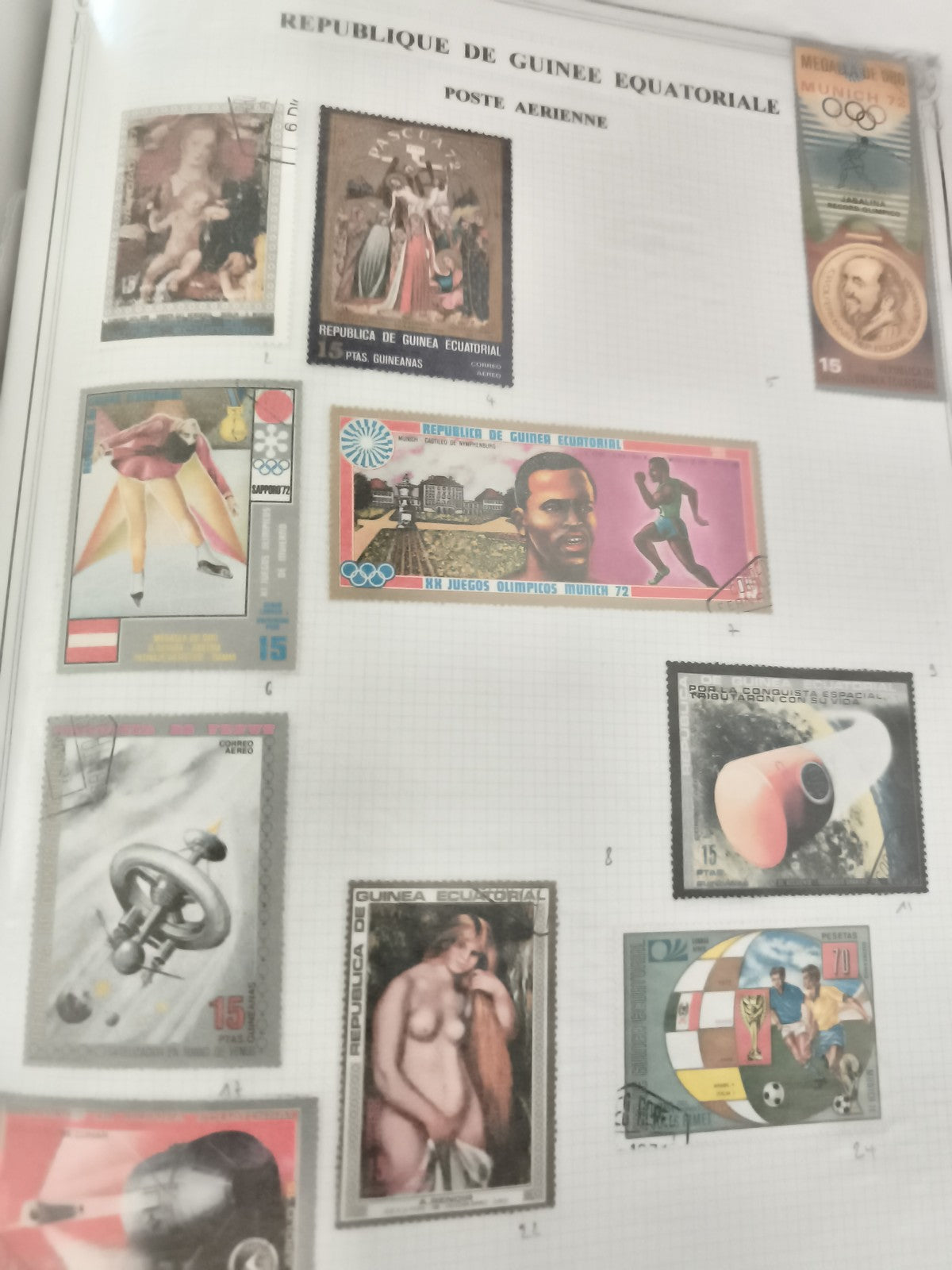 Timbres Guinée Équatoriale thématiques Olympiques, art, espace, poste aérienne