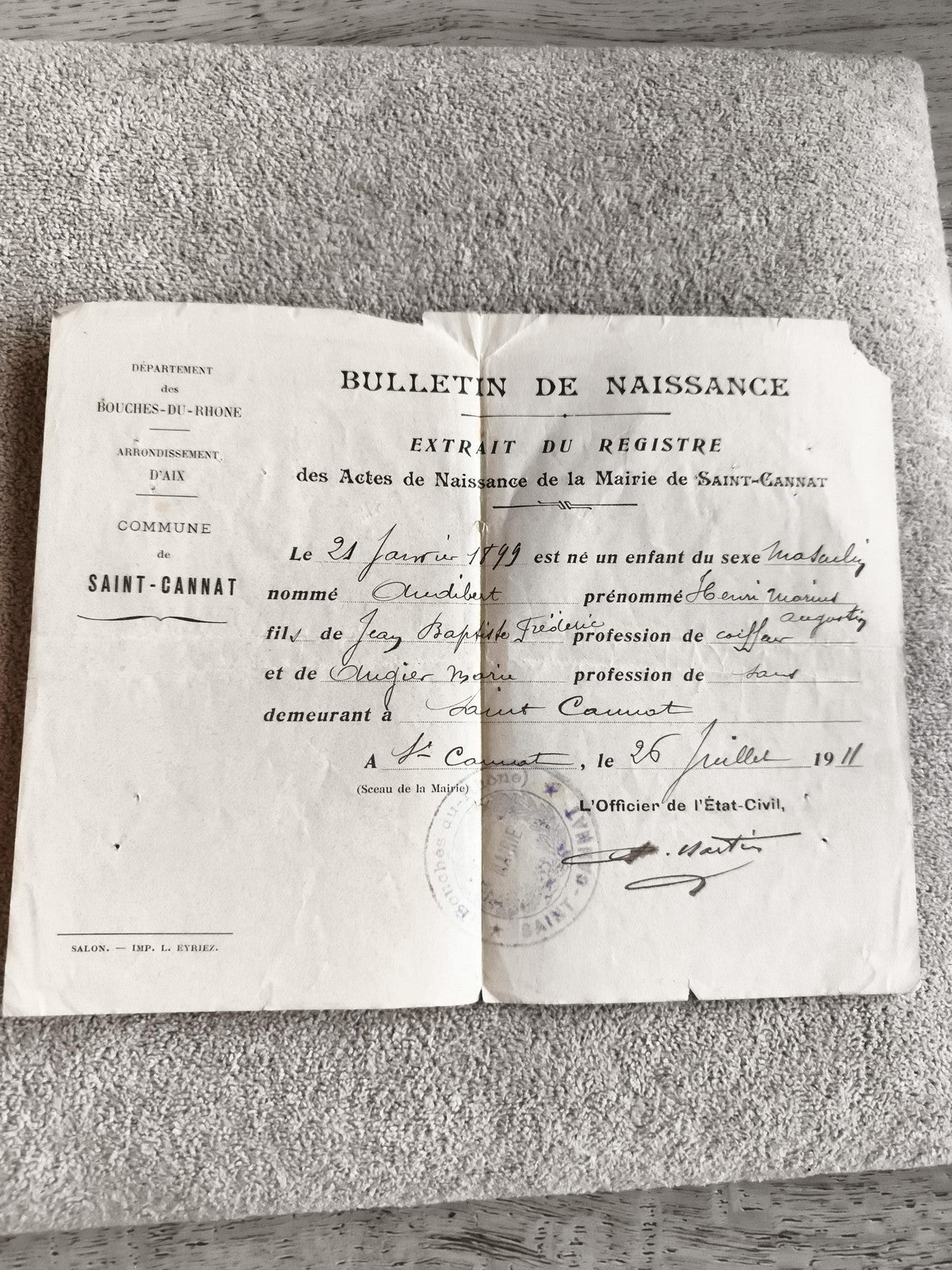 Bulletin de naissance ancien 1911 Saint-Cannat document officiel papier vintage