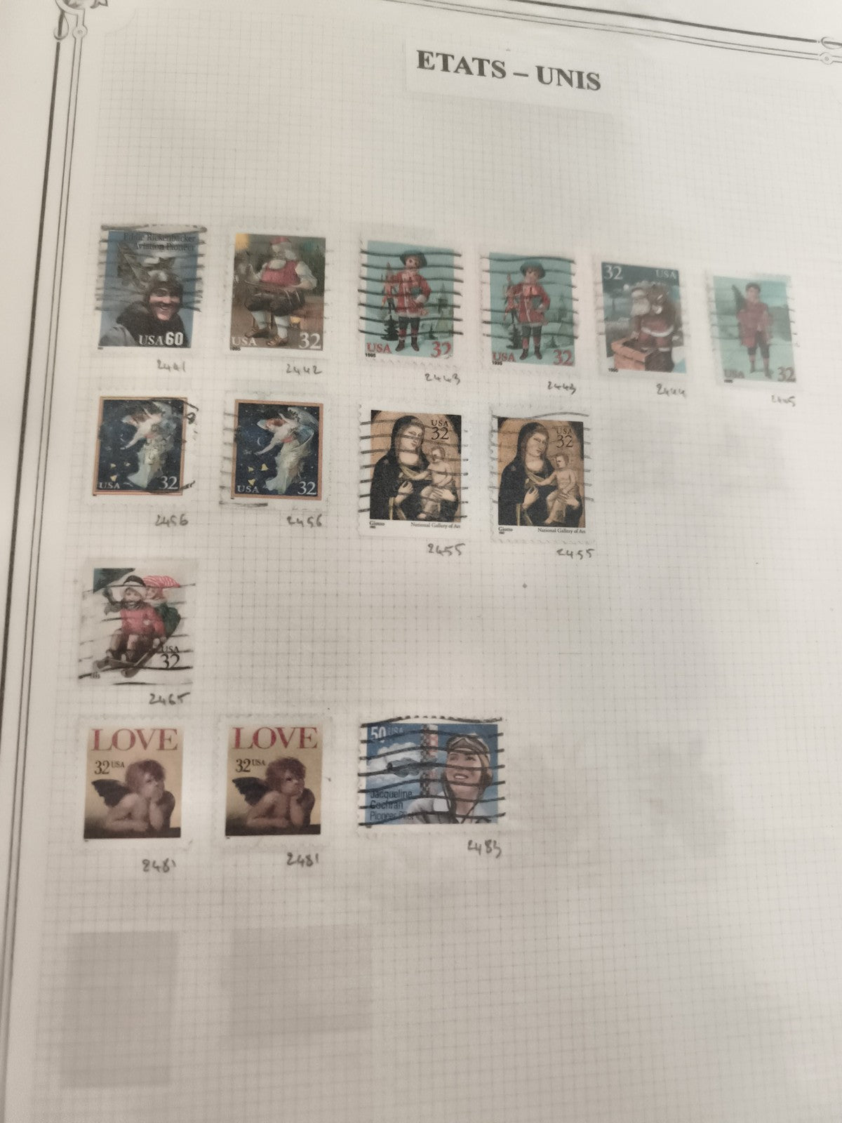 Timbres anciens USA oblitérés – lot thématique Noël, art, amour – philatélie Éta