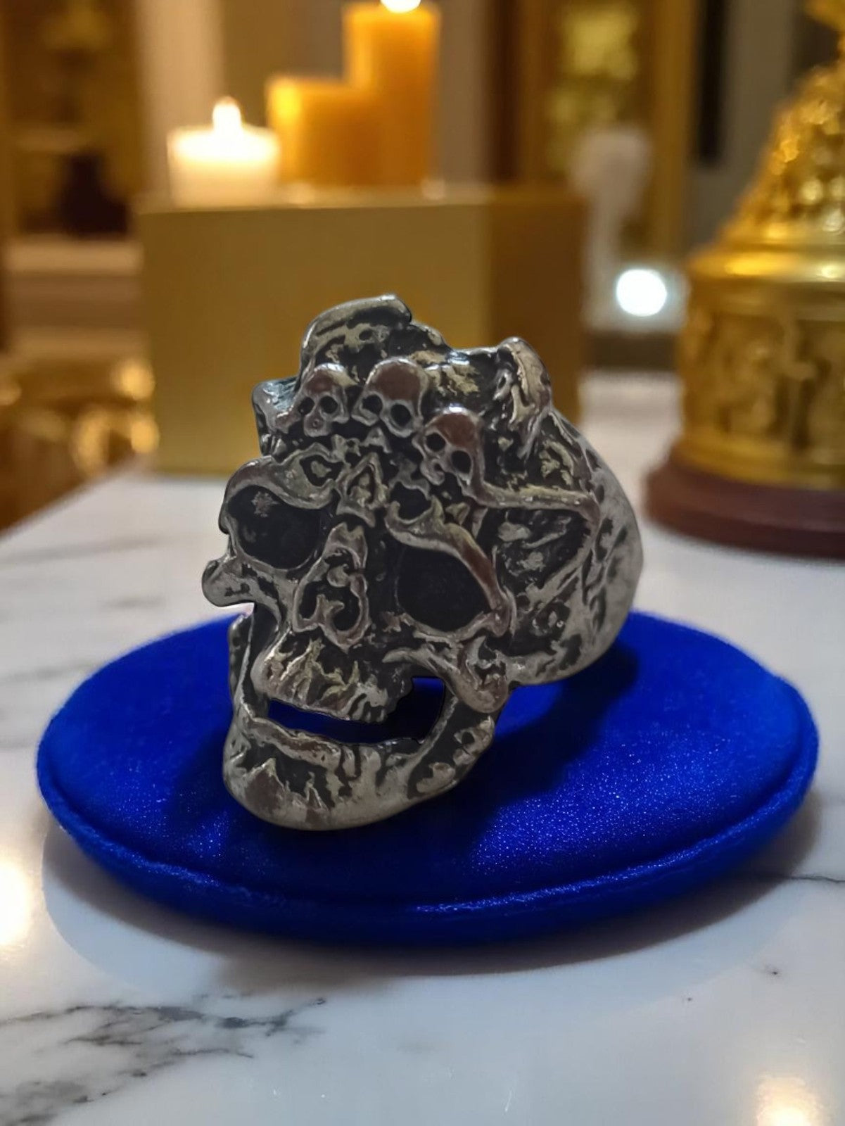 Bague tête de mort vintage homme style biker métal argenté gothique 58
