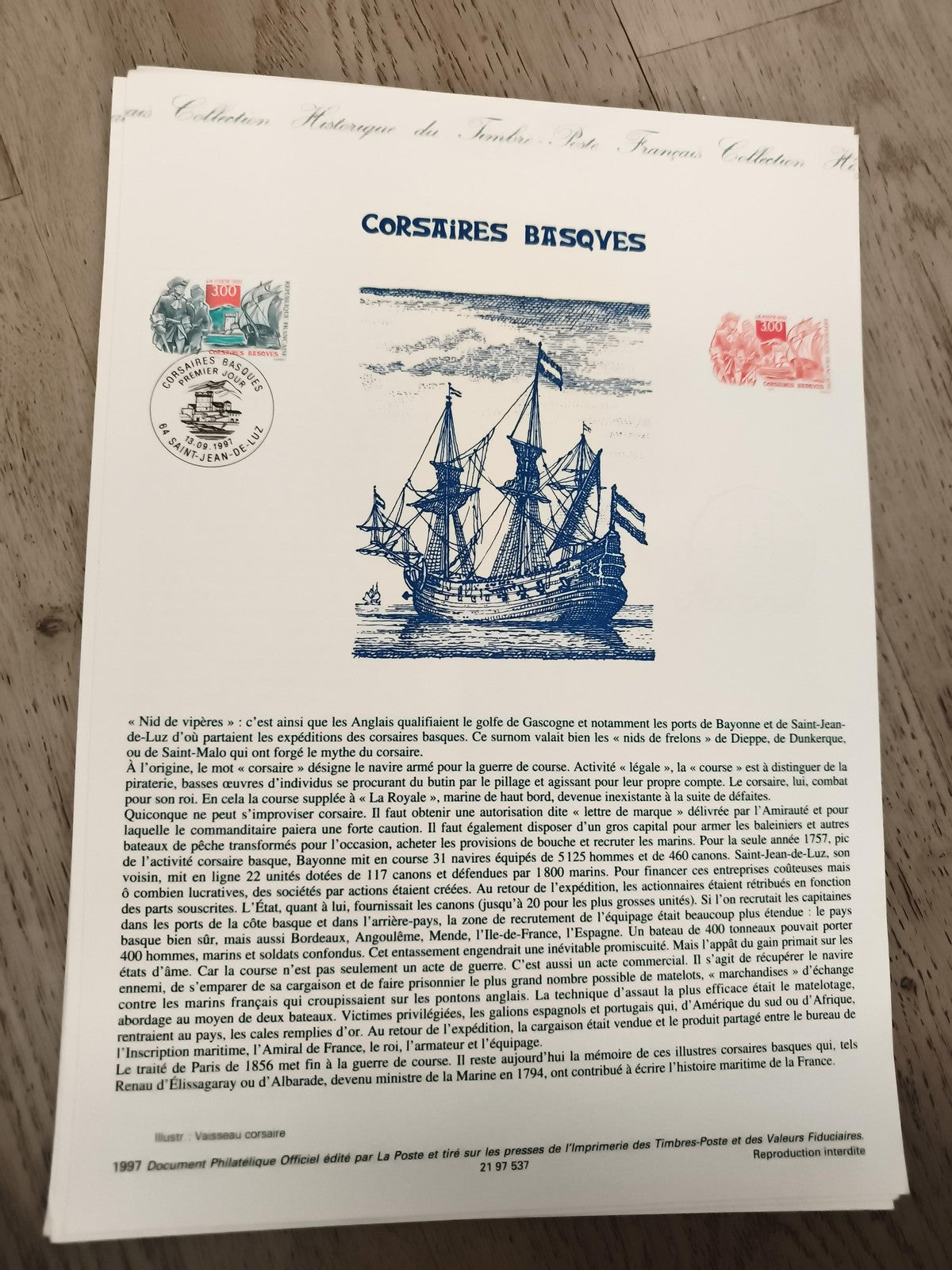 Feuillet philatélique Corsaires Basques La Poste 1997 timbre oblitéré St-Jean-de
