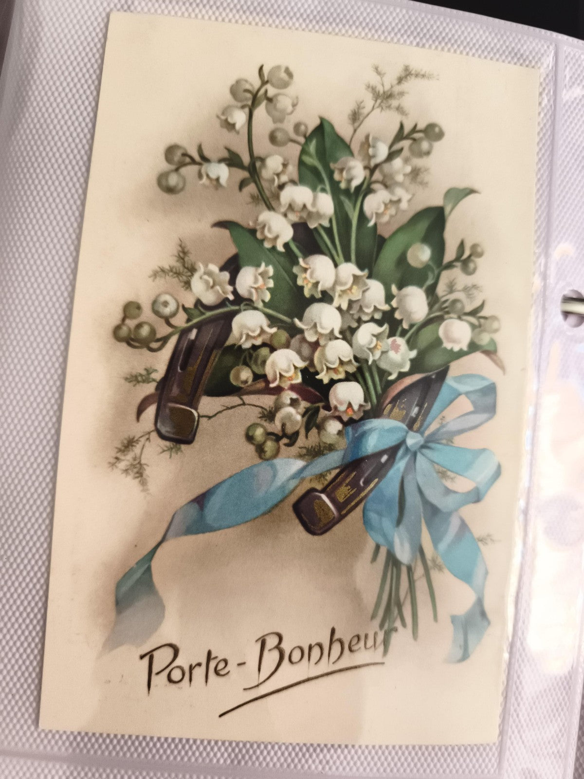 Carte postale ancienne Porte-Bonheur muguet ruban bleu illustration vintage CPA