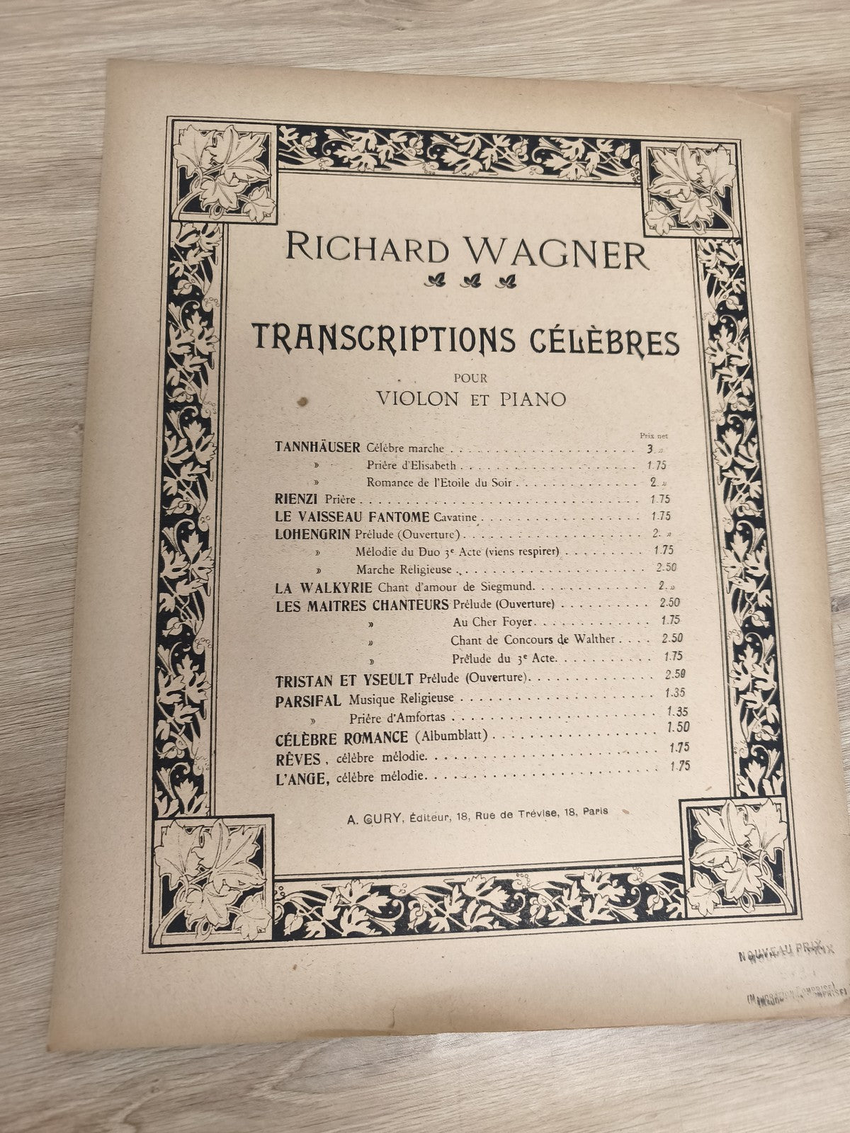 Ancien livre partitions Wagner violon piano Transcriptions célèbres déco vintage