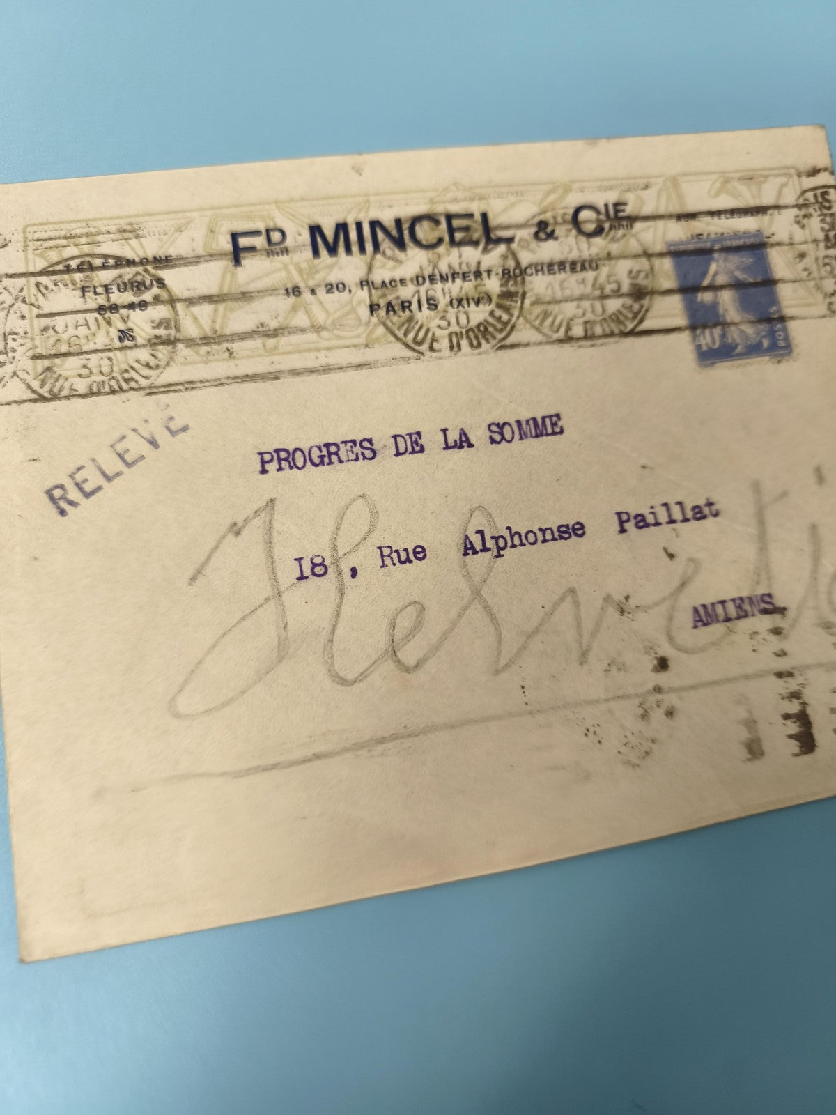 Ancienne enveloppe oblitérée début XXe, Paris, timbre Semeuse, philatélie